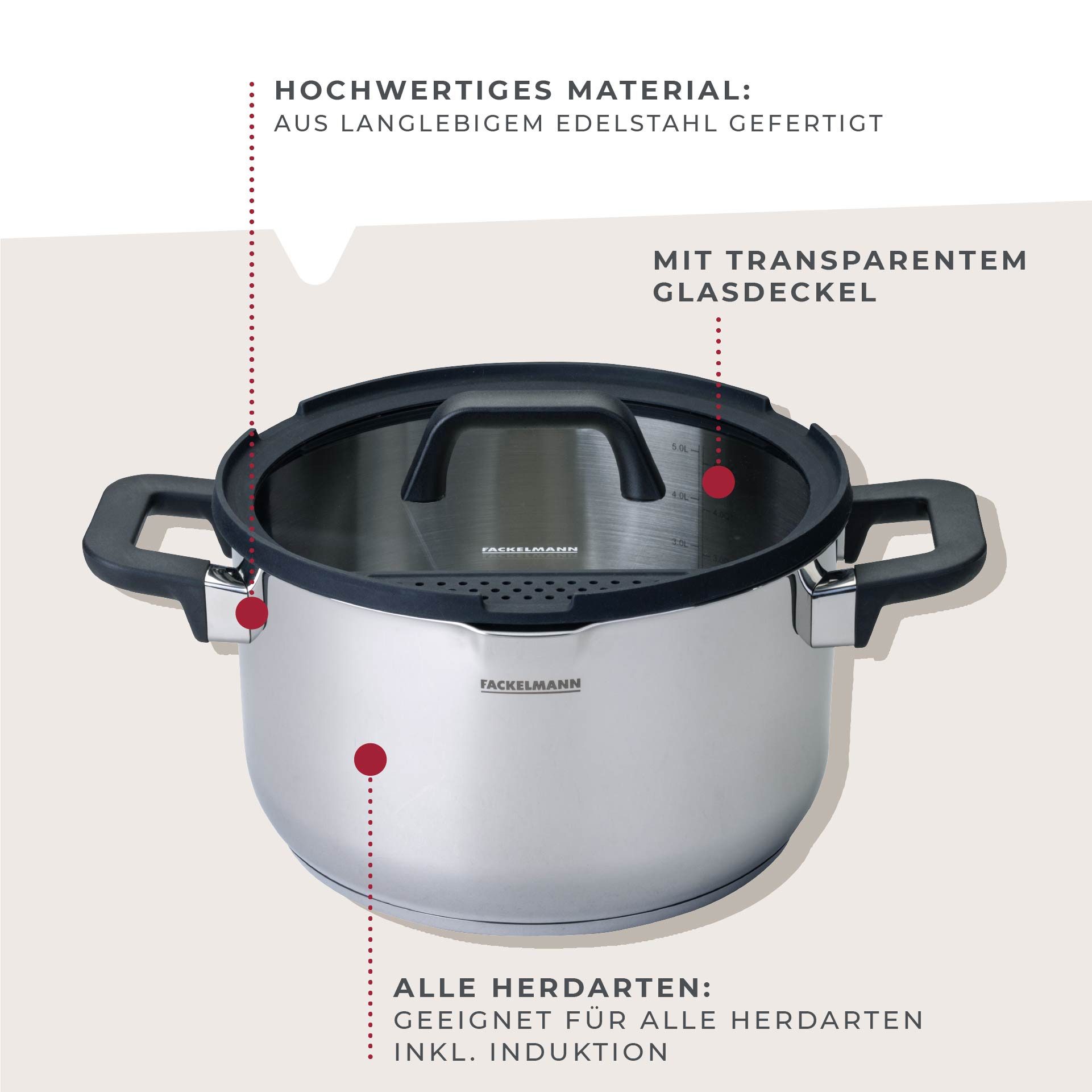 FACKELMANN Topf-Set Elmau, Edelstahl (Set, 8-tlg), Deckel mit Abgießfunktion