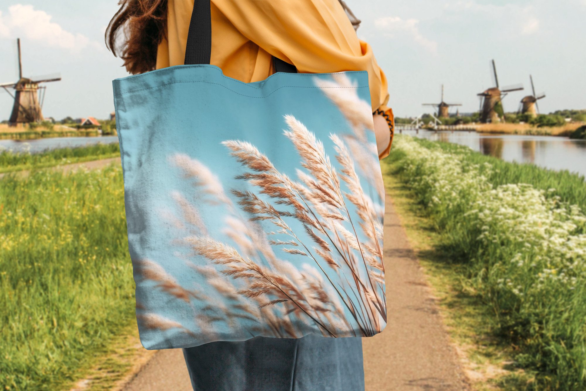 MuchoWow Shopper Ziergras - Wind - Hellbraun, Handtasche, Damen und Herren, Schultertasche, Umhängetasche, Tote Bag