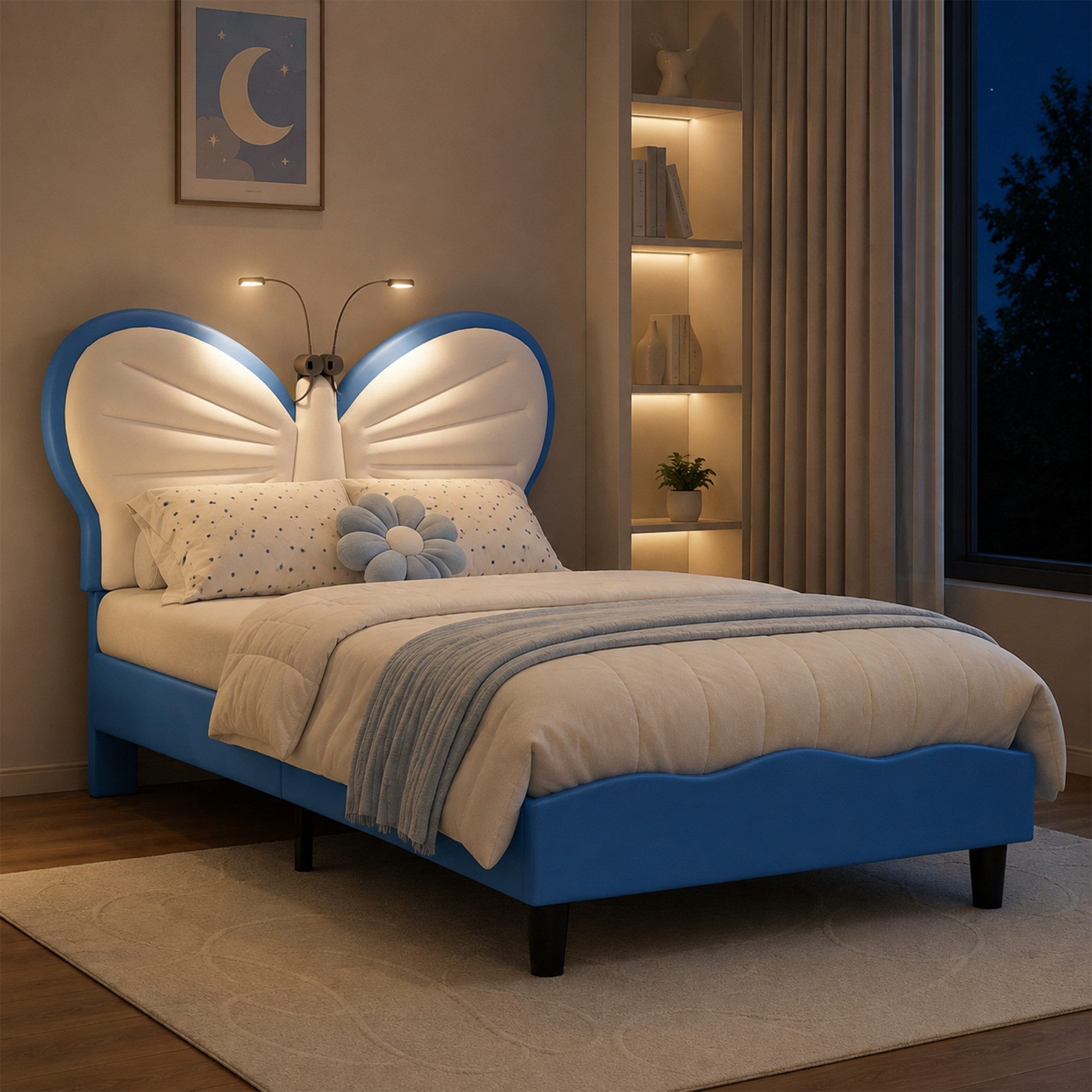 Simurq Prinzessinbett Kinderbett 90x190/90x200 cm Schmetterling Polsterbett (Prinzessinnenbett, höhenverstellbarem Samt-Kopfteil), Jugendbett Einzelbettmit LED-Leselampe