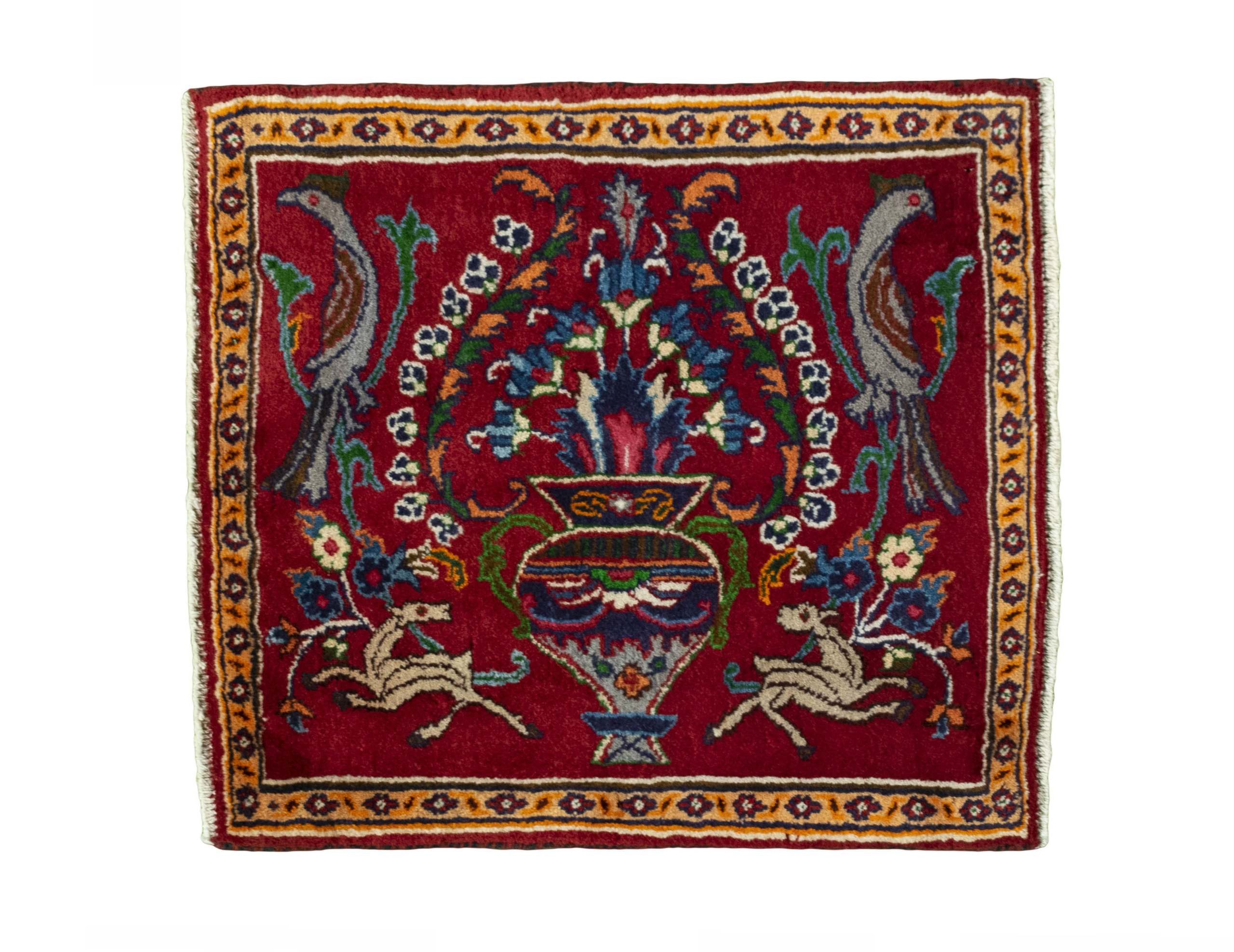 CABBEL Orientteppich 64x57 cm Perser Mashad Rot Schurwolle Handgeknüpft Nomaden Unikat, quadratisch, Höhe: 8 mm, 100% Schurwolle – weich, pflegeleicht, solide Knüpfdichte