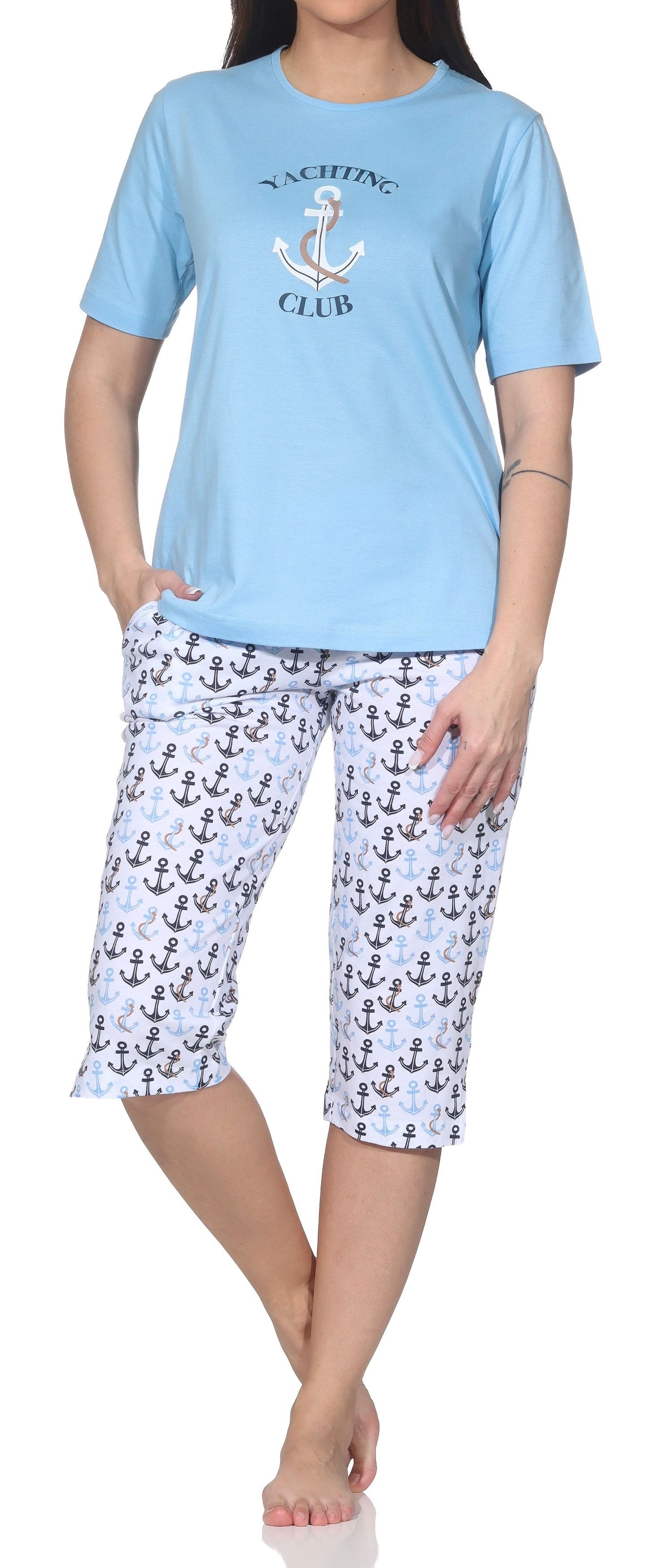 Normann Pyjama Damen kurzarm Capri Schlafanzug in maritimen Look – auch in Übergröße