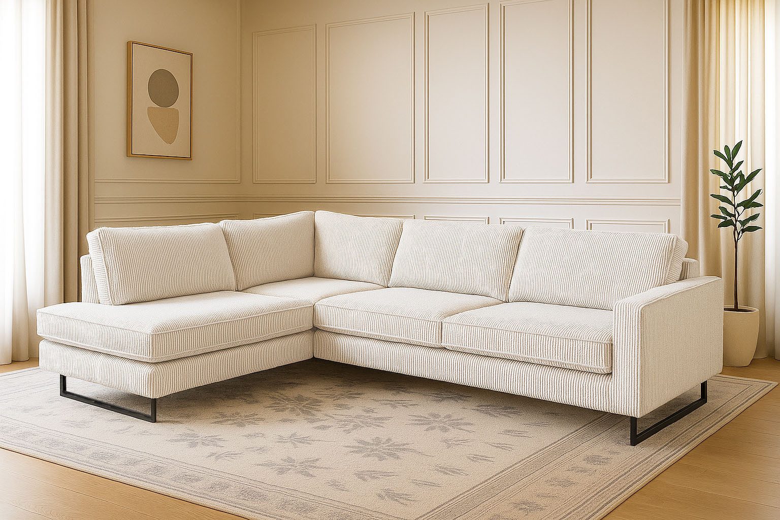 Home affaire Ecksofa Pinto, 290 cm, Cord, Chenille, Lederoptik, Ottomane links / rechts, mit Keder, schwarze Metallfüße, Wellenunterfederung