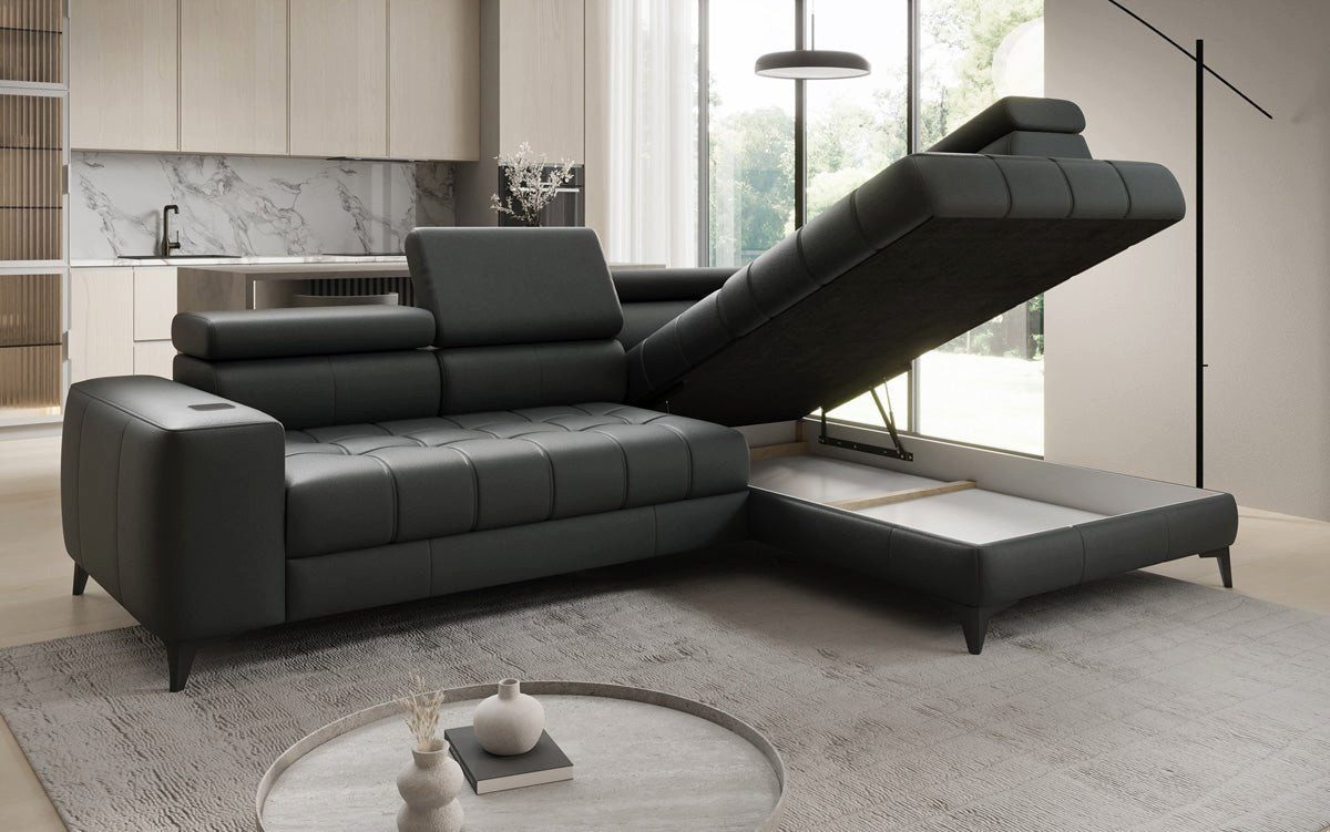 Luxusbetten24 Schlafsofa Designer L Sofa Seluna in Echtleder, mit elektrischer Schlaffunktion, Induktion und Stauraum