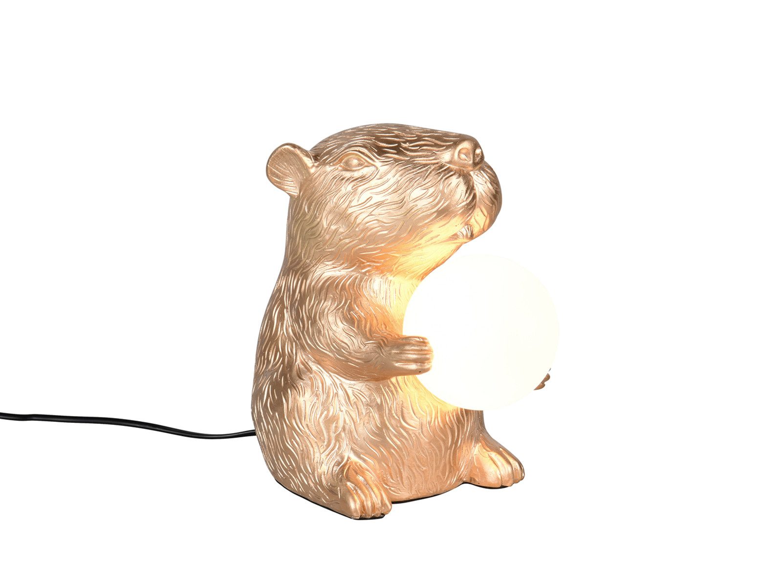 Reality Leuchten LED Nachttischlampe Capybara Lampe mit Kugel, Höhe 25cm, Dimmfunktion, LED wechselbar, warmweiß, besondere kleine Tierlampe witzige Tischlampe für Jugendzimmer Gold