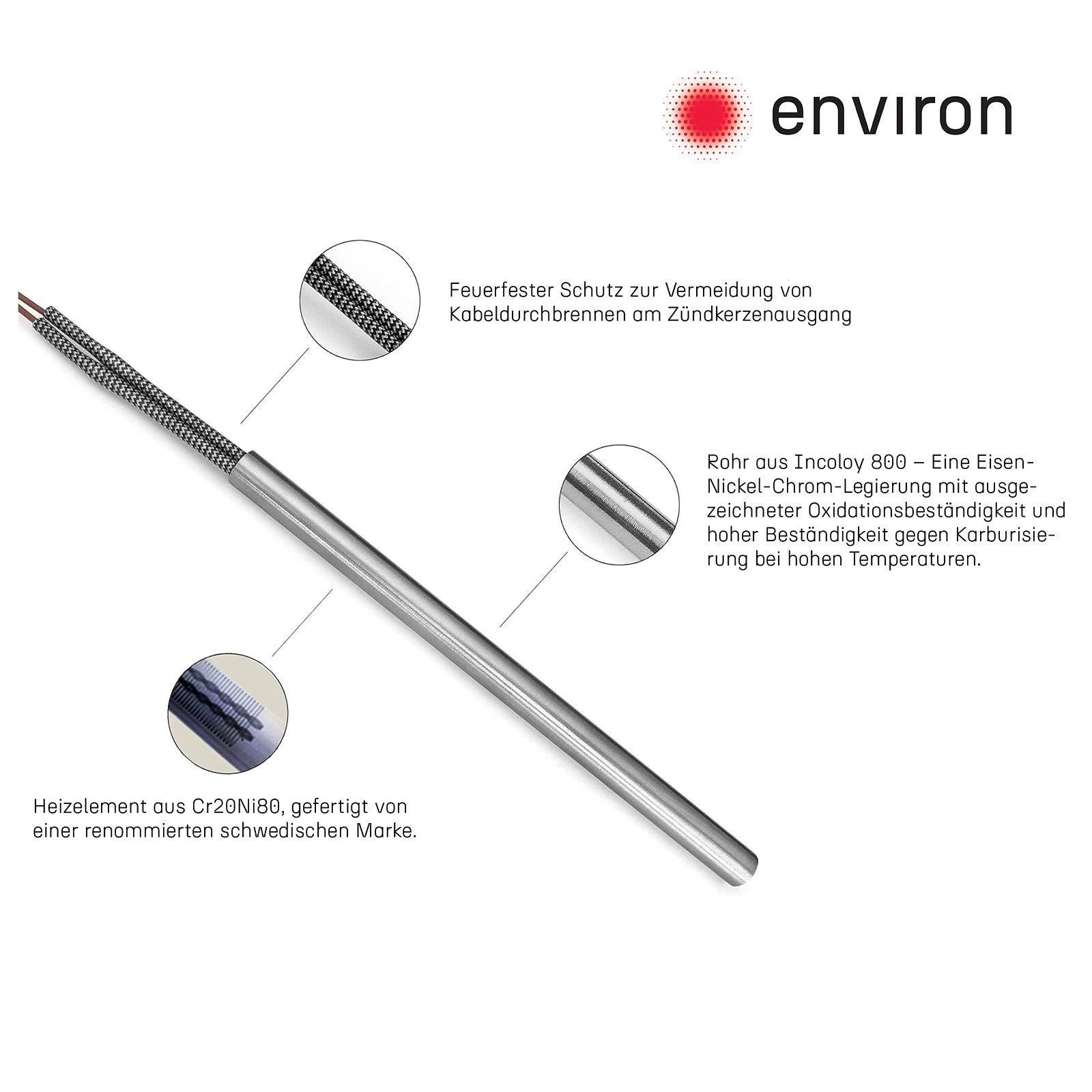 Environ Ersatzbrenner Zündelement Edelstahl Ø9,3mm x 150mm / 300W / 230V Glühzünder