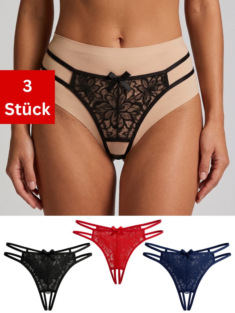 Elegant Love String-Ouvert Spitzen-Tangas – Sexy Damen-Strings mit Doppelträgern & Satinschleife (Set, 3-St., 3er-Pack) Sinnliche Unterwäsche mit offenem Schritt für besondere Momente