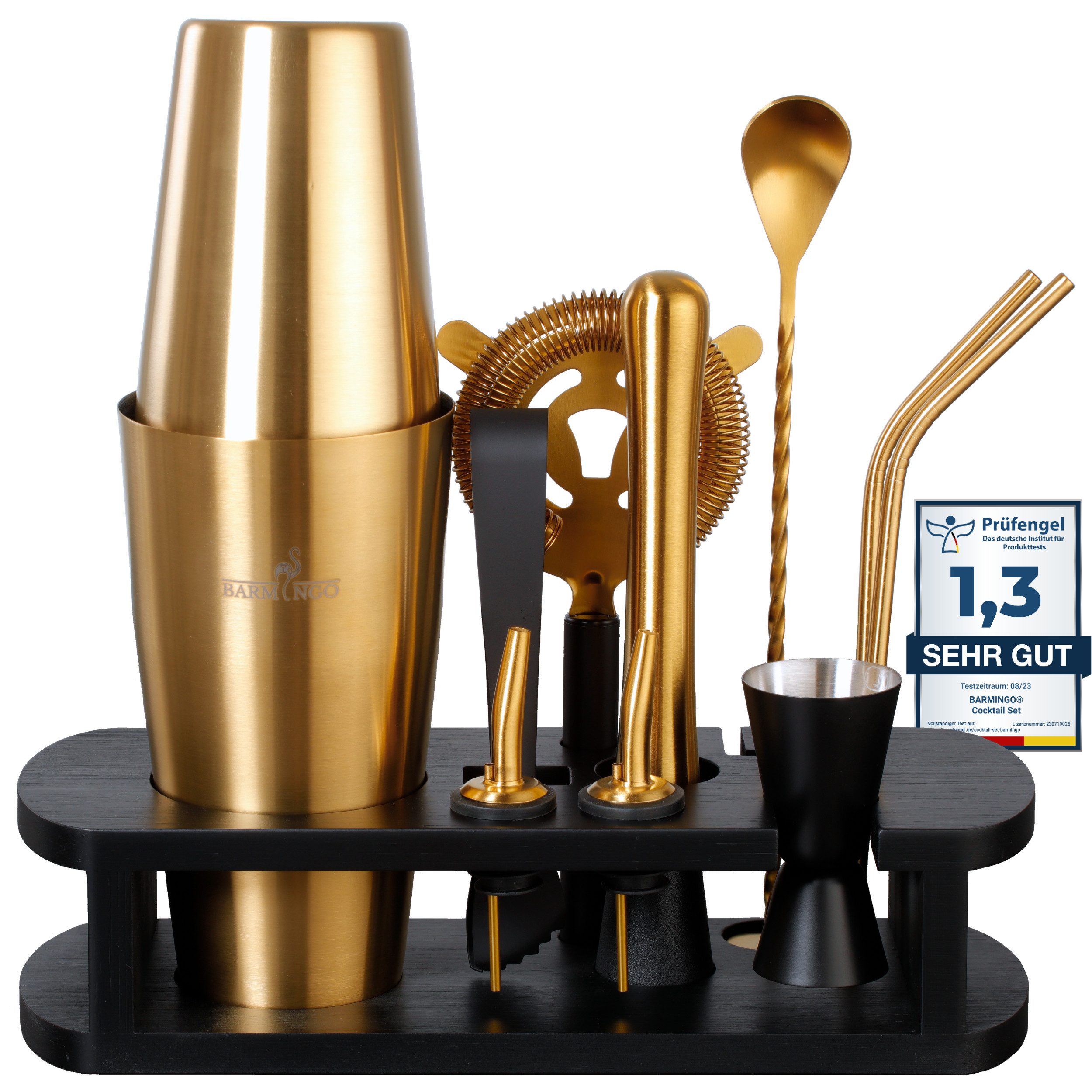 BARMINGO Cocktail-Set Edelstahl Boston Cocktail Shaker Set (825 ml) mit Bar Zubehör, (Cocktailshaker Set, 11-tlg., Für Profis und Anfänger), Cocktail Zubehör mit hochwertigem Bambusständer