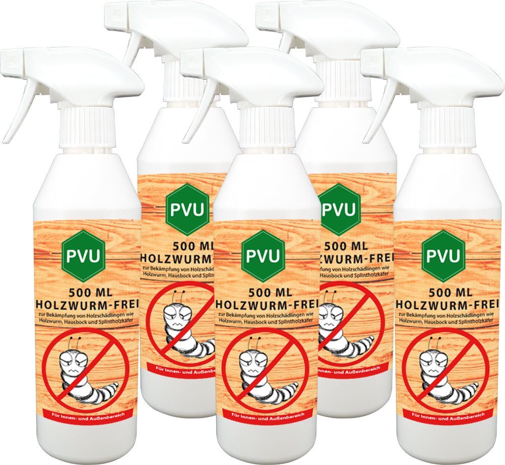 PVU Holzwurm-Ex 5x500ml Holzwurm-Spray gegen Holzschädlinge, formuliert in Deutschland, farblos, geruchsarm