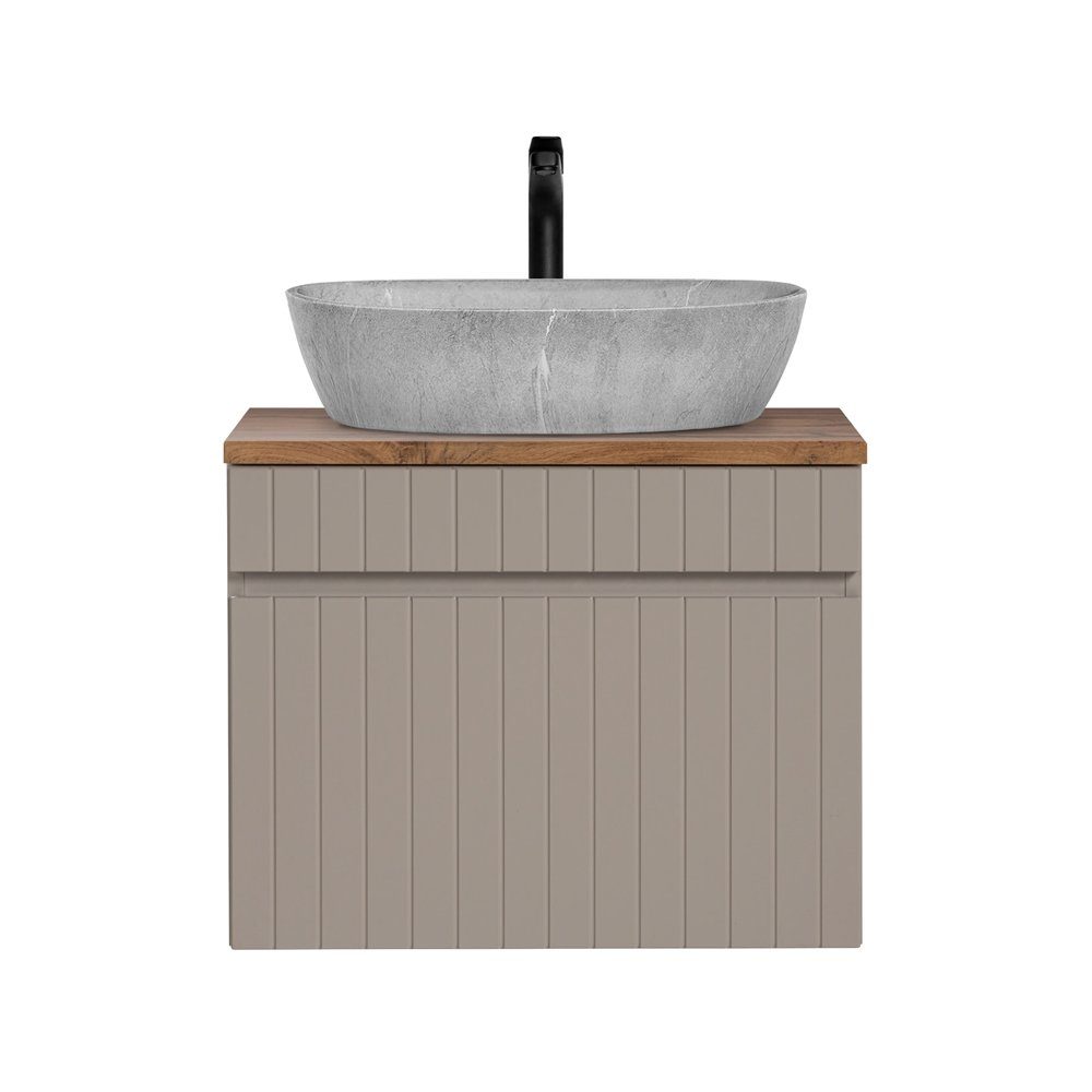 Lomadox Waschtisch IRAKLIO-56-CASHMERE, Kaschmir, Eiche Nb., Softclose Auszug, Keramik Waschbecken Beton Optik
