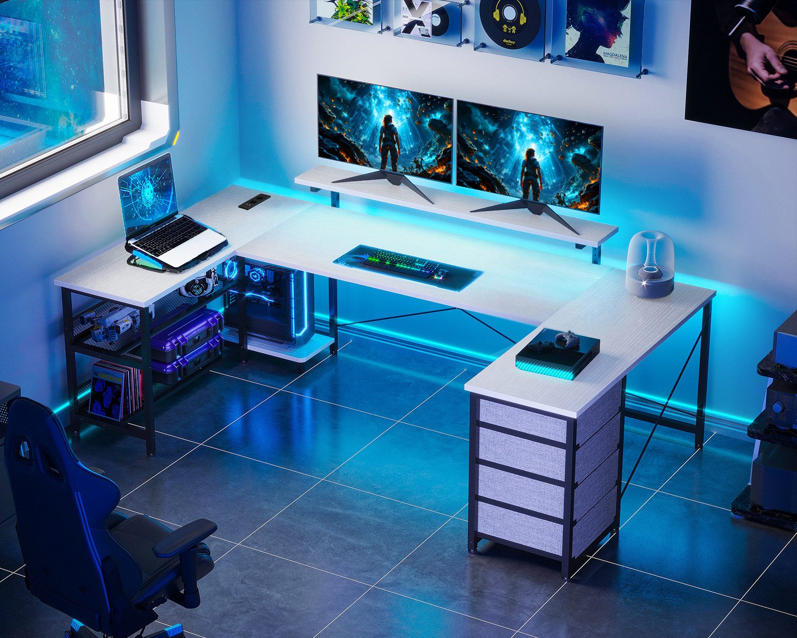 ODK Eckschreibtisch mit Steckdosen, USB, LED & Stauraum 167x102cm, Weiß