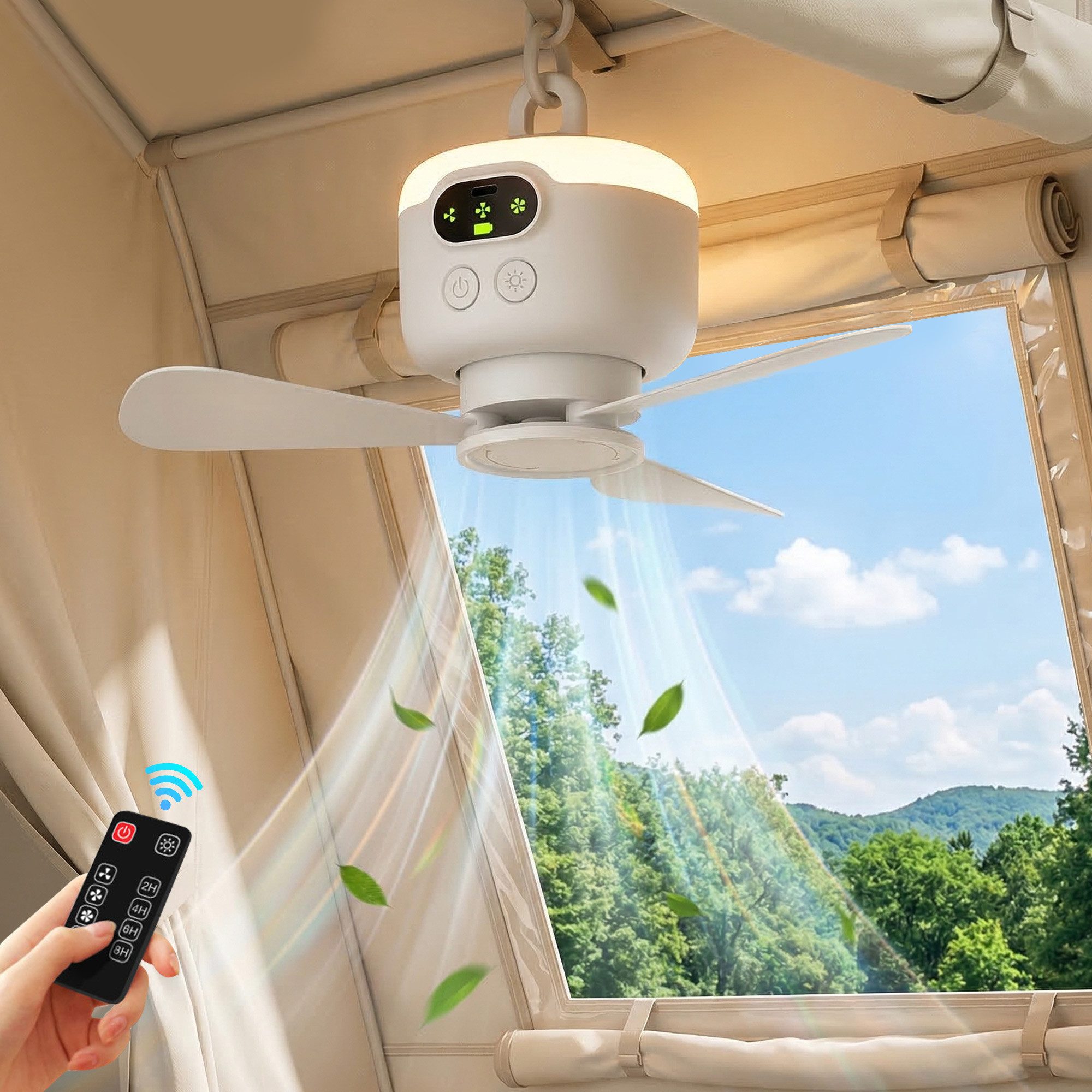 Rosnek Deckenventilator mit Beleuchtung Camping, tragbar, mit Fernbedienung/LED/Haken, Akku, 4 Stufen, 8000mAh Akku, 10h Laufzeit, Balkon Camping RV
