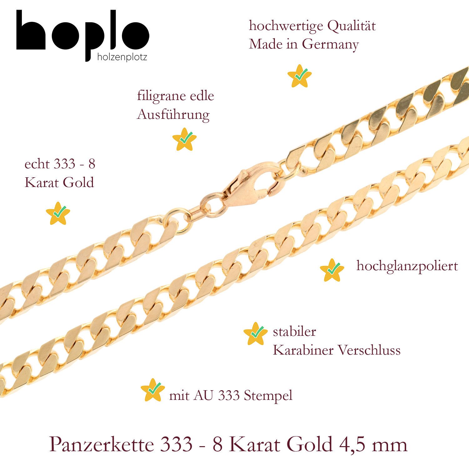 HOPLO Panzerkette Goldkette Panzerkette Halskette Breite 4,5 mm 19 cm 333-8 Karat Gold, Made in Germany – Bild 5 von 5