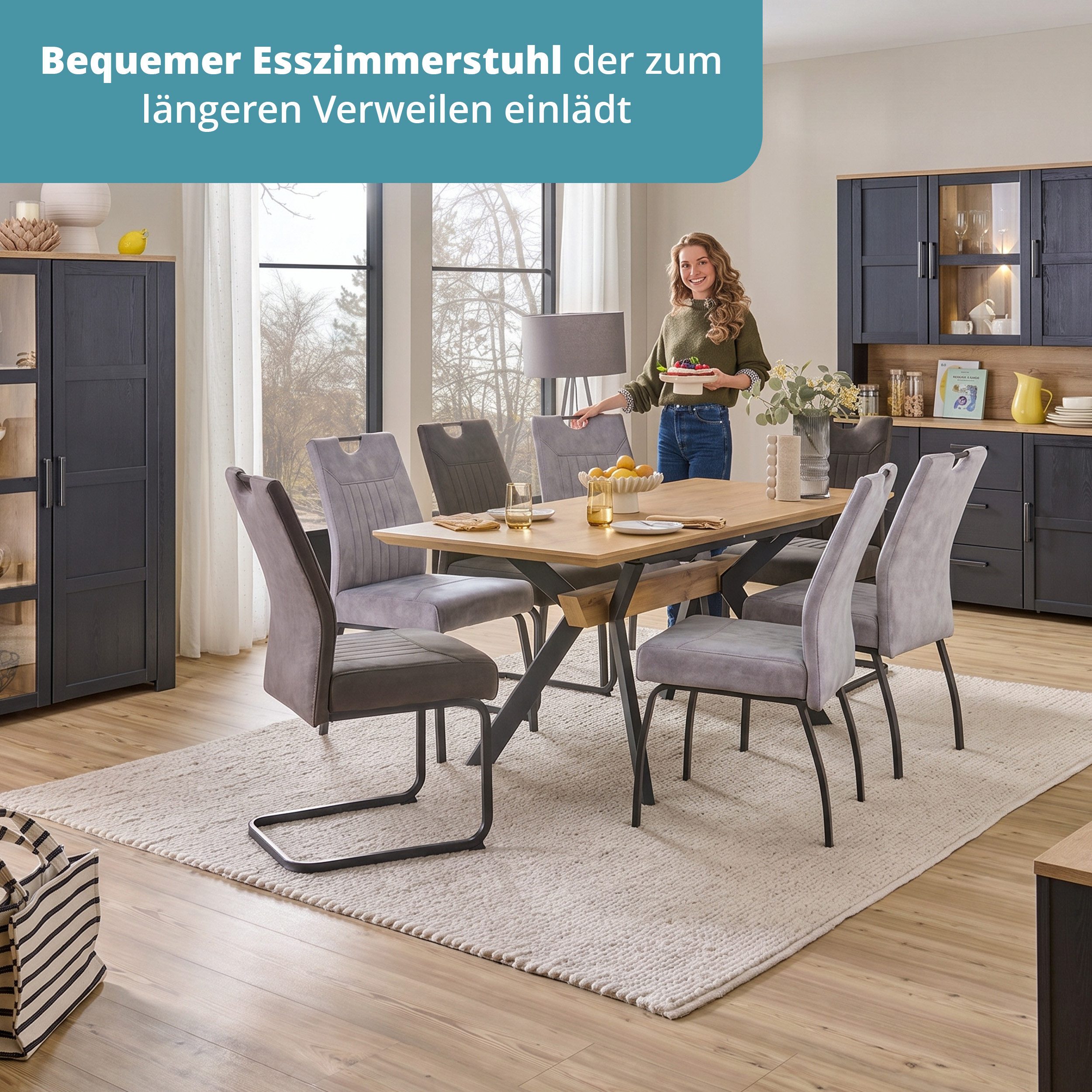 KHG Esszimmerstuhl Küchenstuhl Mikrofaser Hellgrau-Schwarz, mit Taschenfederkern (Indoor-Stuhl DIN EN 12520 geprüft), 4-Fuß-Metallgestell Schwarz, bis 140 kg belastbar
