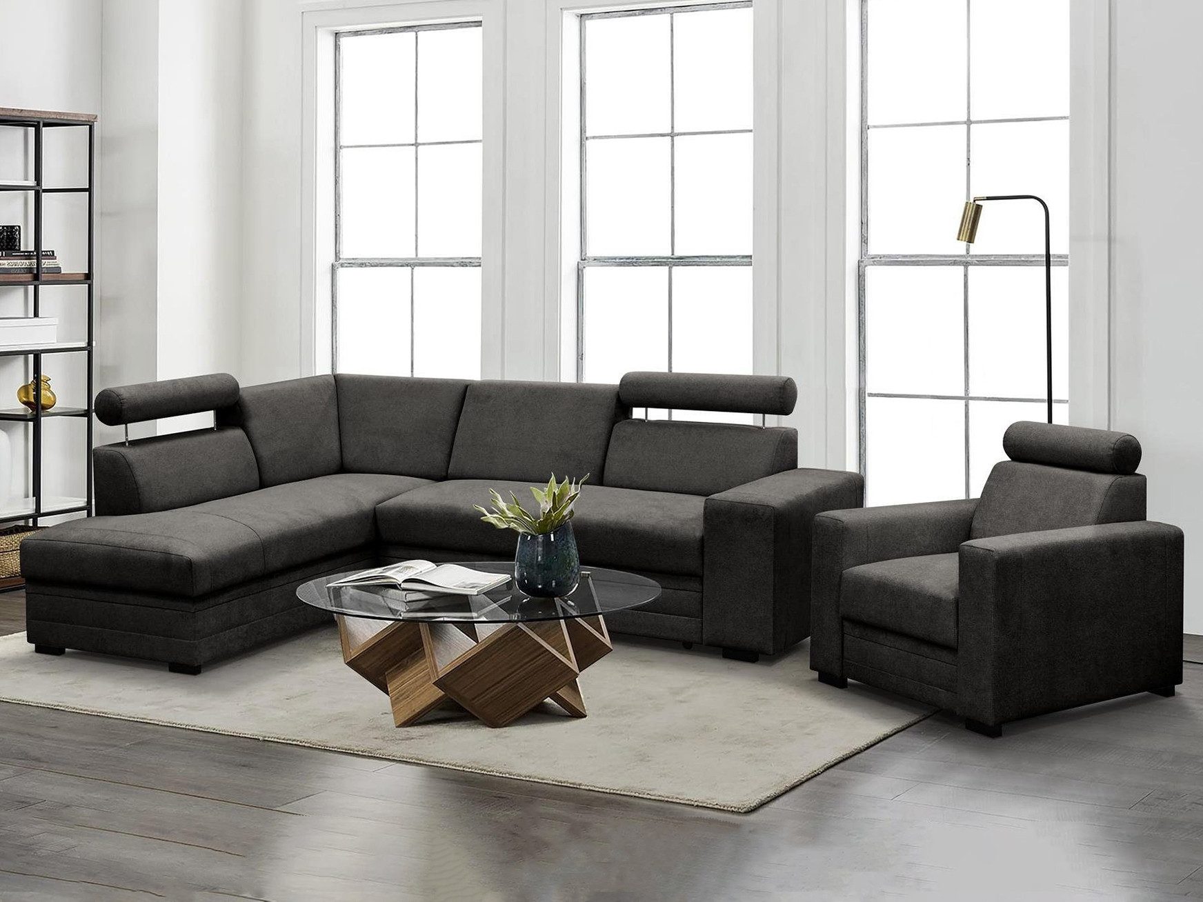 Beautysofa Polstergarnitur im modernen Stil, mit verstellbaren Kopfstützen Roma, (modernes Set Eckgarnitur mit Sessel, Schlaffunktion, Bettkasten, verstellbare Kopfstützen), gepolstertes Ecksofa mit Sessel aus Bonnell-Federn für Wohnzimmer