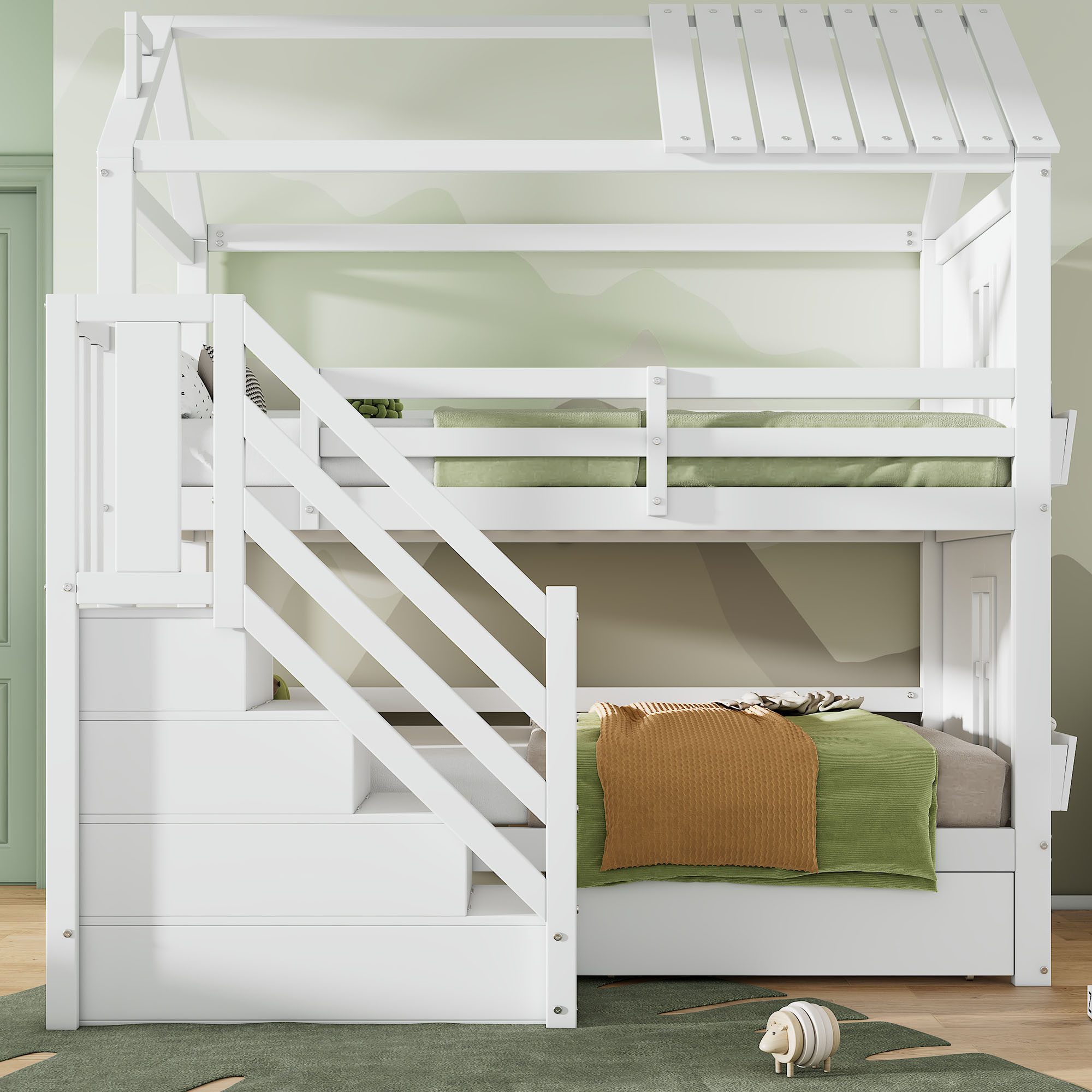 Flieks Etagenbett, Kinderbett Hausbett mit Schublade & Stauraumtreppe & Reg günstig online kaufen