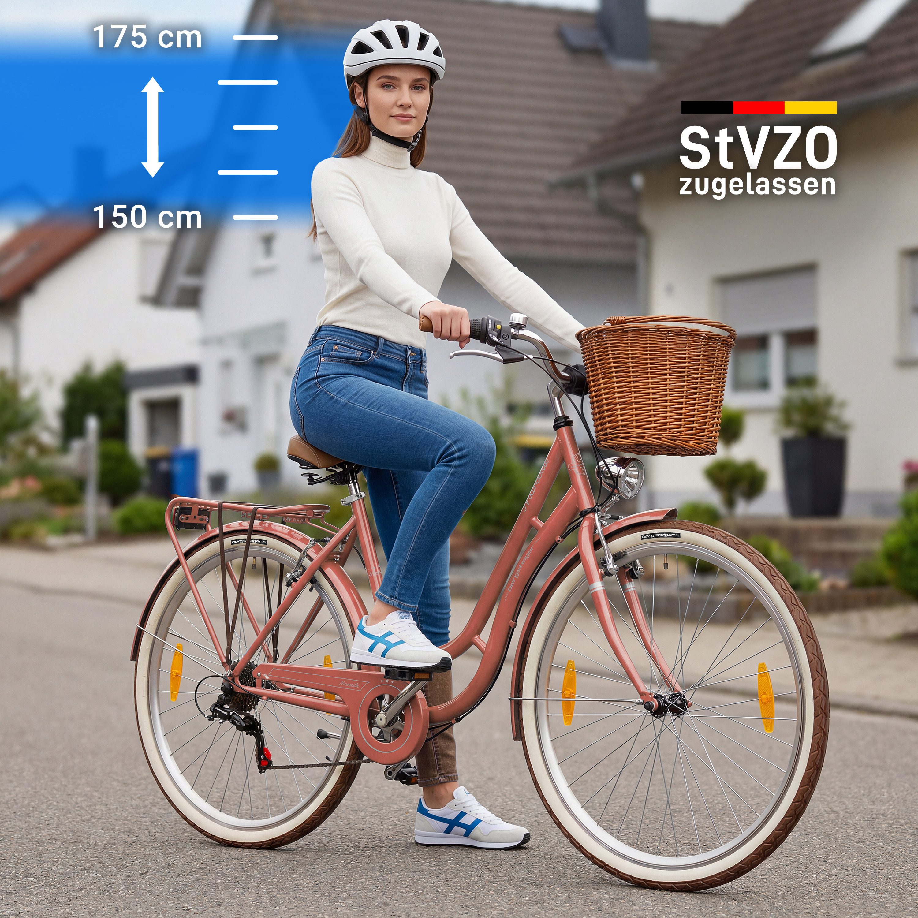 bergsteiger Cityrad Marseille 26 Zoll, 28 Zoll Damenfahrrad, ab 150 cm, Korb aus Rattan, 6 Gang, Kettenschaltung, V-Bremsen