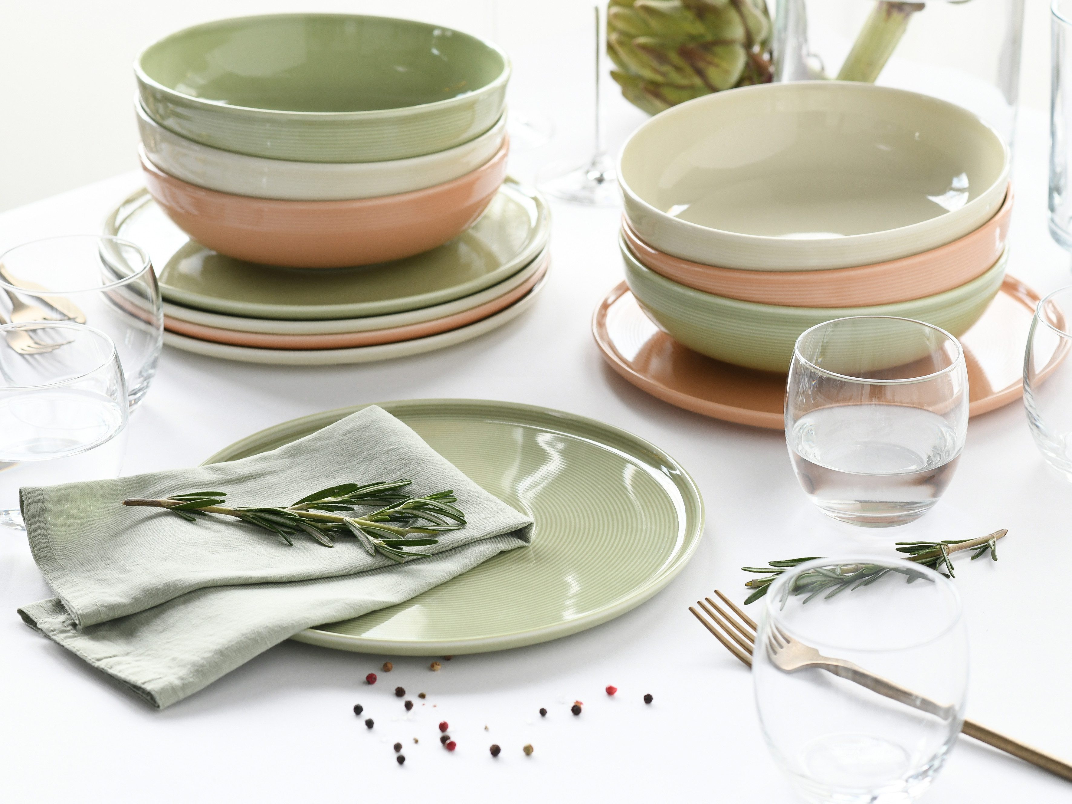 CreaTable Tafelservice Session, Service, Teller-Set, 12-tlg. (12-tlg), 6 Personen, Porzellan, Teller ohne Fahne mit großem Spiegel, Elegantes Rillenrelief