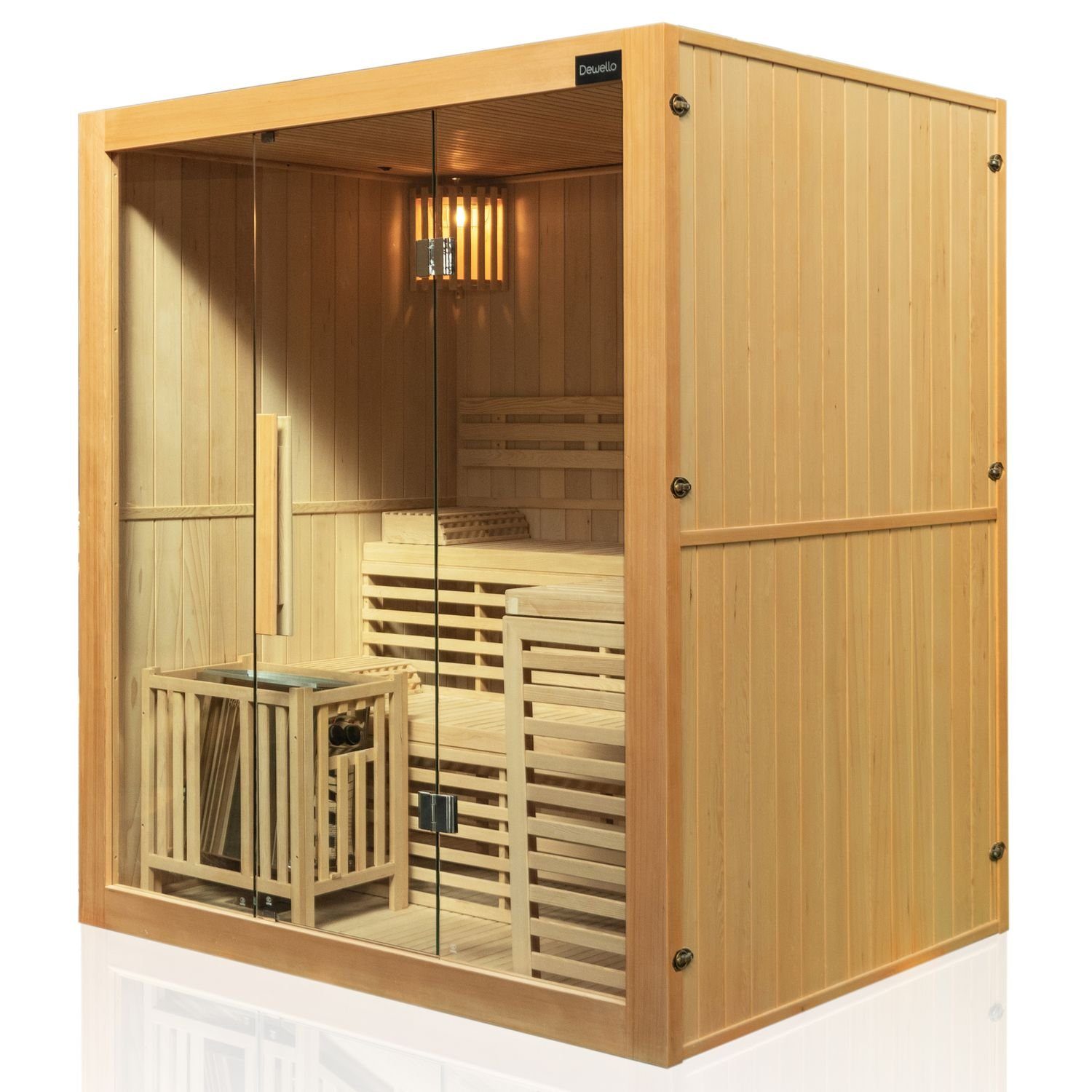 Dewello Sauna SARNIA 180 Finnische Sauna, bis zu 4 Personen, Saunaofen, Harvia 6KW, BxTxH: 180 x 140 x 200 cm, (inkl. 4-teiligem Sauna-Set, schaltbare Beleuchtung, inkl. 6KW HARVIA Ofen (BC60) mit passenden Lavasteinen) Sauna aus Hemlock-Tannenholz, leichter Aufbau dank Stecksystem