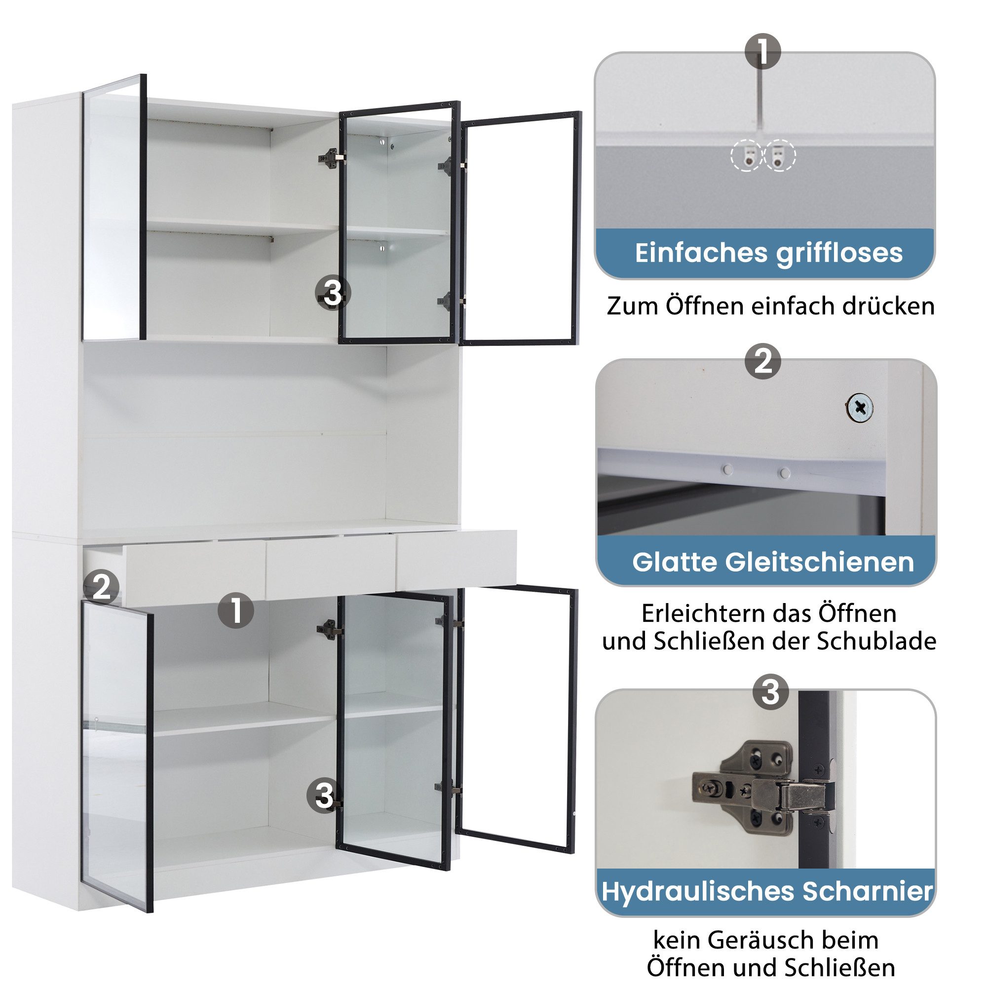 Merax Standvitrine Matt Glasvitrine mit LED-Beleuchtung und Stauraum (30x120x200 cm, 1-St., Standregal Schrank Vitrine) Vitrine mit 6 Türen, 3 Schubladen, schwarzem Rahmen und Glas-Fronten