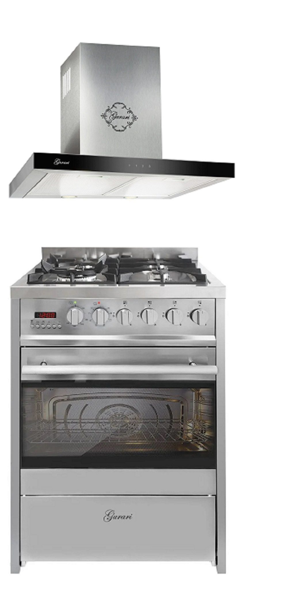 GURARI Gas-Standherd 60 cm Edelstahl Gasherd mit Elektrobackofen 60 L Range Coocker mit Dunstabzugshaube mit Fernbedienung, 60 cm, Edelstahl Glas, EEK A, Wandhaube 1000 m³/h Motor GCH E 610 X+GCH 462 IS 6 Prime., mit 1-fach-Teleskopauszug