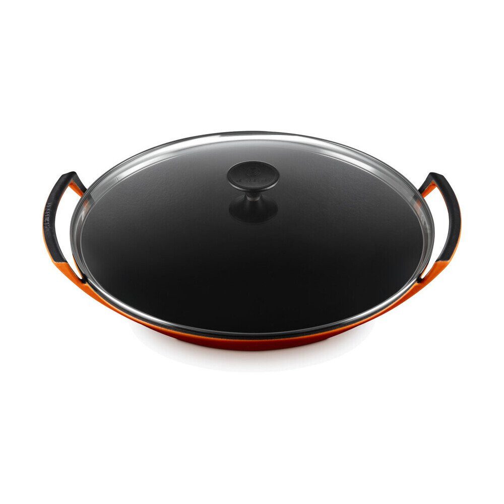 LE CREUSET Wok Wok mit Glasdeckel 36 cm Ofenrot, 4,5l, Gusseisen, emailliert, rot, Handreinigung, backofengeeignet