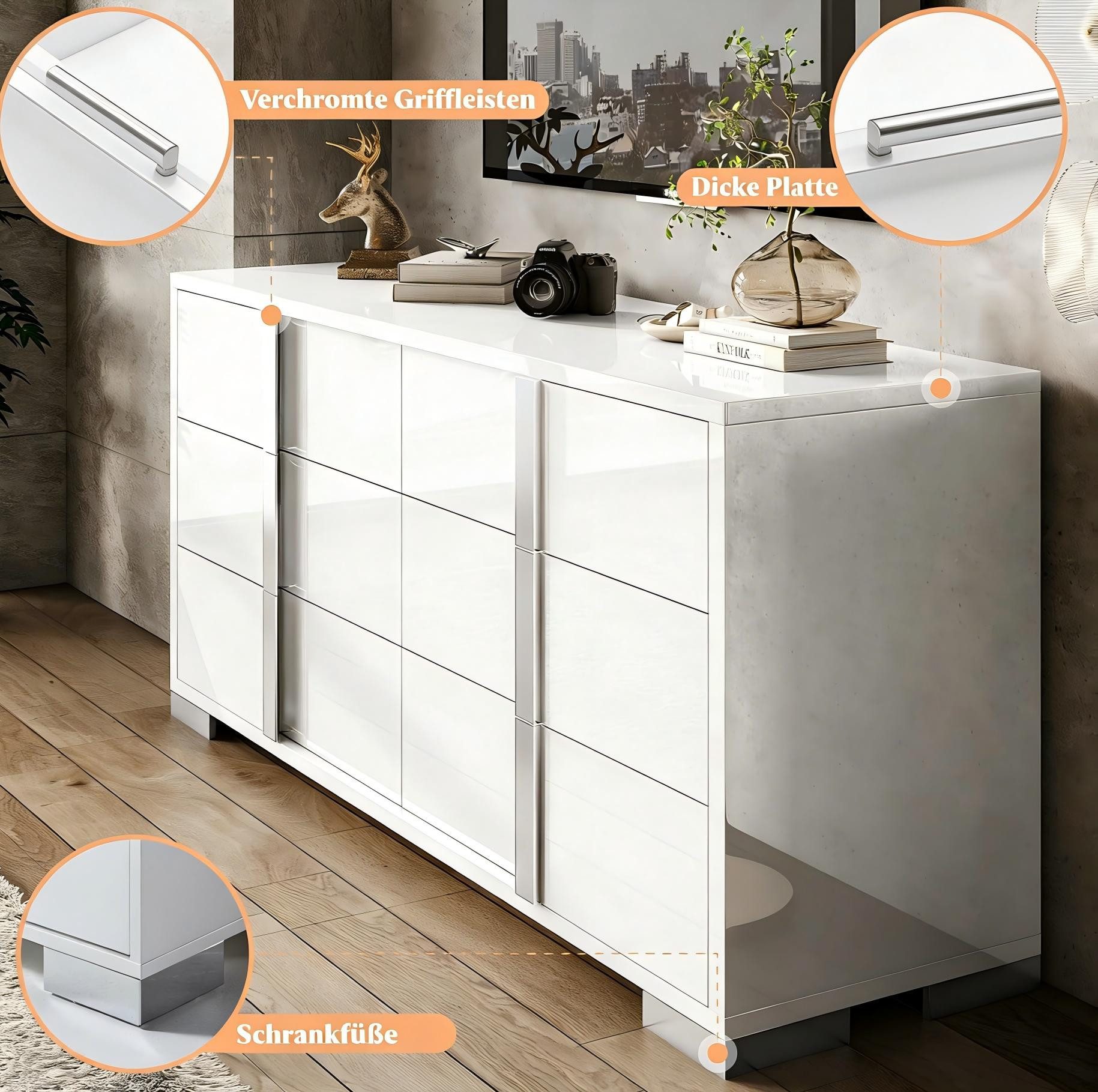 AMERLIFE Kommode Hochglanz Weiß 138x80x40 cm mit 6 Schubladen & Spiegelgriffen (1 St) – Bild 5 von 5