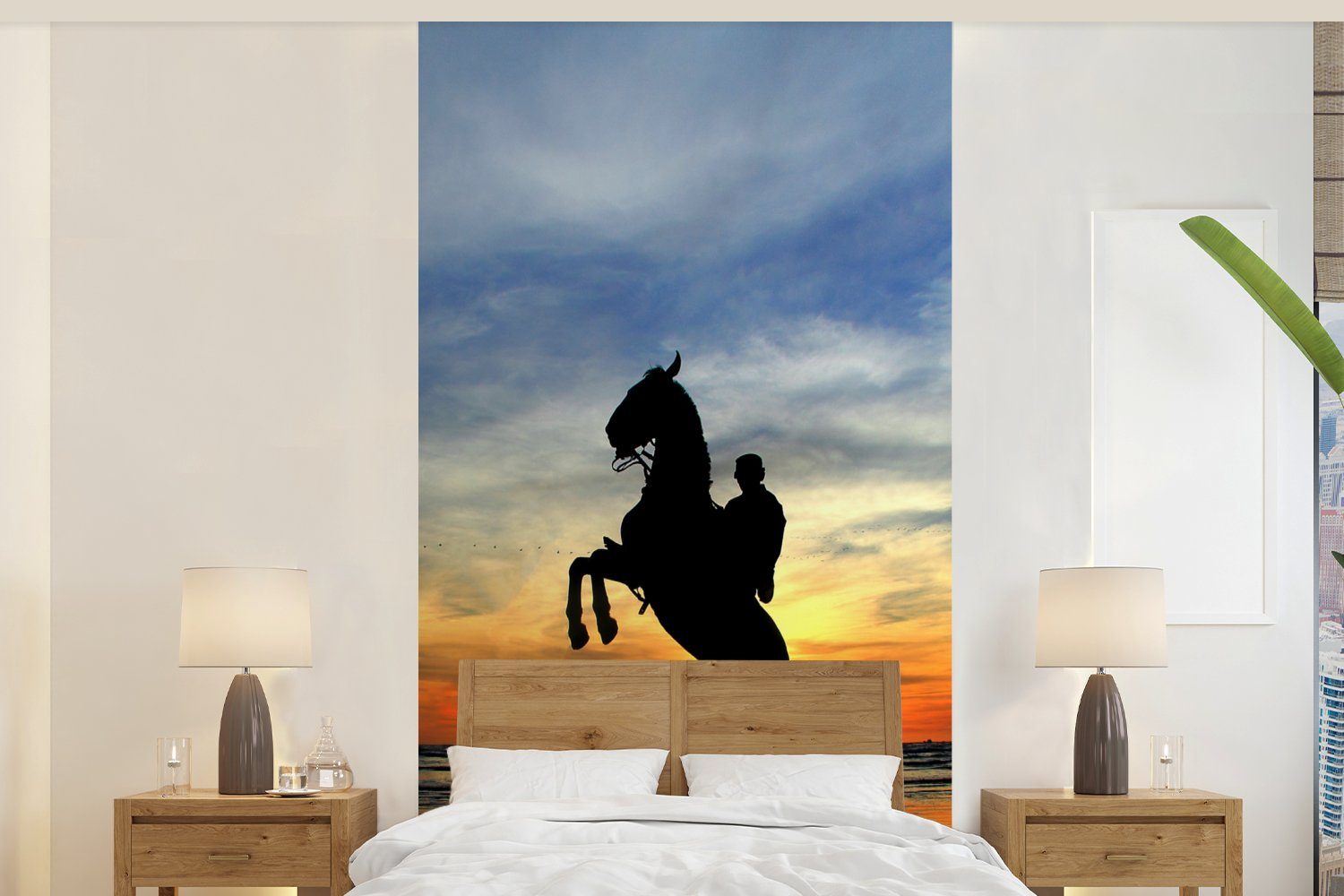 MuchoWow Fototapete Pferd - Himmel - Schatten, Matt, bedruckt, (2 St), Vliestapete für Wohnzimmer Schlafzimmer Küche, Fototapete | Fototapeten