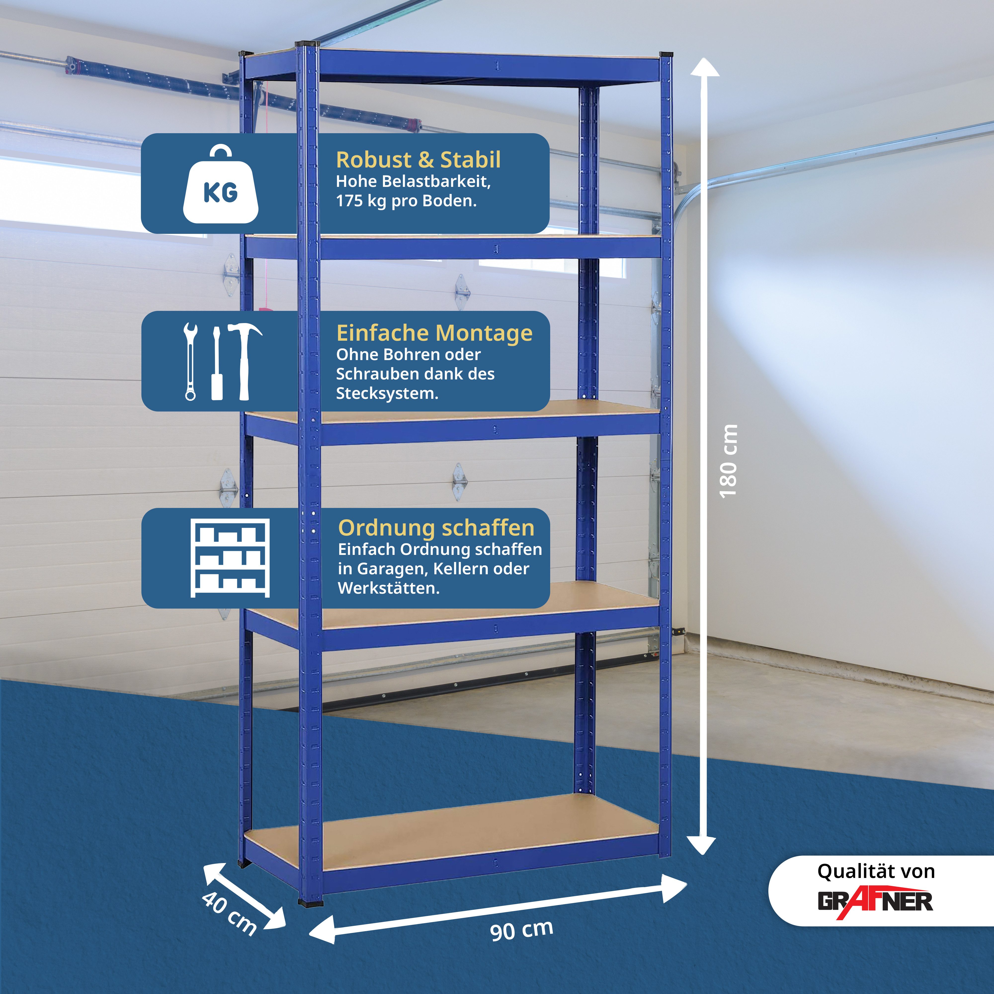 Grafner Schwerlastregal Schwerlastregal Lagerregal 5 Etagen MDF Böden blau