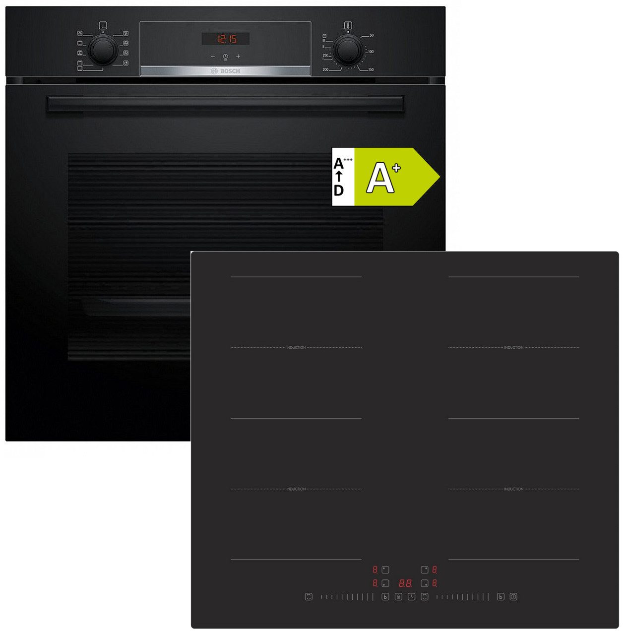 BOSCH Backofen-Set Autarkes Herdset BOSCH Einbaubackofen Serie4 + PKM Induktions Kochfeld, mit 1-fach-Teleskopauszug, Pyrolyse-Selbstreinigung