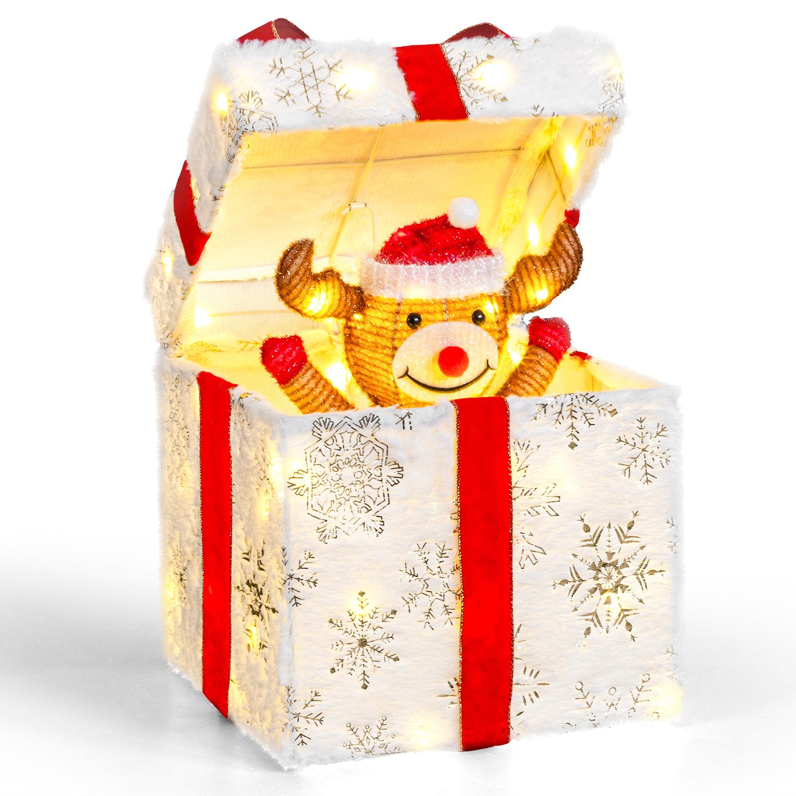 VINGLI LED Dekolicht 30cm LED Geschenkbox, Elektrisch Öffnend, 60 Warmweiße LEDs, LED Box mit Rentier, Plüsch-Stoff, Wetterfest, für Innen & Außen, Weiß