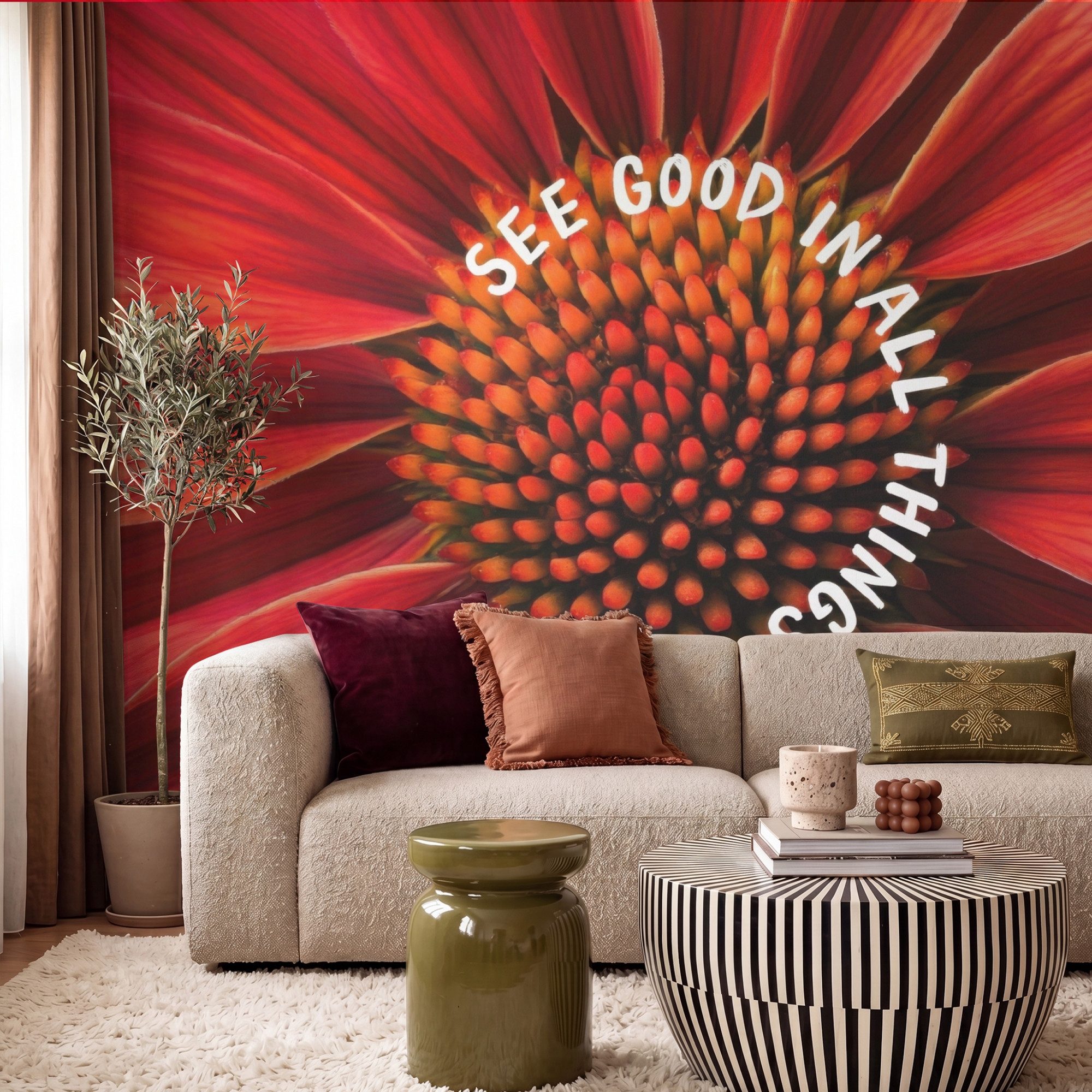 OnlyWow Fototapete Nahaufnahme - Blume - Zitat - Rot, Matt, bedruckt, Wanddekoration, Wandtapete, Schlafzimmer 260x220cm