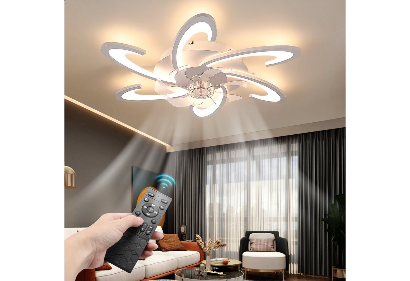 oyajia Deckenleuchte Leise Deckenventilator mit Beleuchtung 85W Deckenlampe Mit Ventilator, RGB-Hintergrundbeleuchtung, LED fest integriert, Neutralweiß, Kaltweiß, Warmweiß, 6/8 Lichter Design Deckenventilatoren mit Fernbedienung Dimmbar