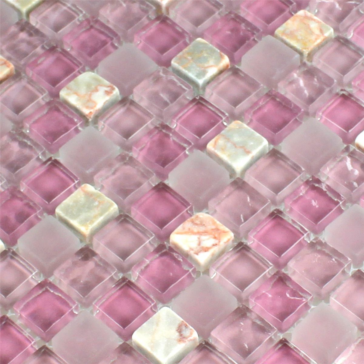 Mosafil Mosaikfliesen Glas Naturstein Marmor Bengali Rosa Beige, Naturstein-Glas 32.200x30.500, weiß-beige-rosa, Verlegefertig auf ein Netz geklebt - Frostsicher - Wasserfest