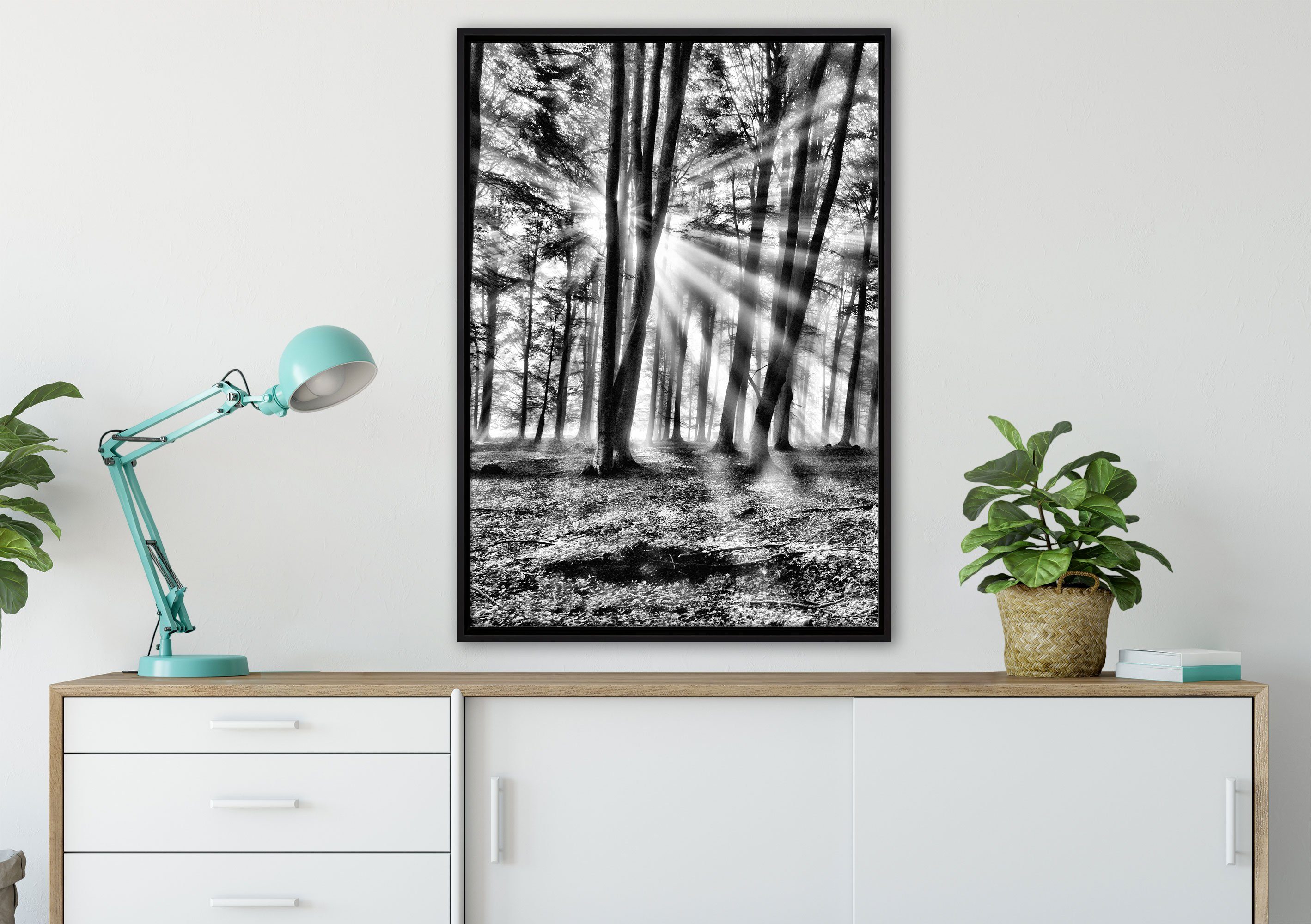 Pixxprint Leinwandbild Waldlichtung im Sonnenschein, gefasst, bespannt, inkl. einem Zackenaufhänger Schattenfugen-Bilderrahmen St), Wanddekoration in Leinwandbild (1 fertig