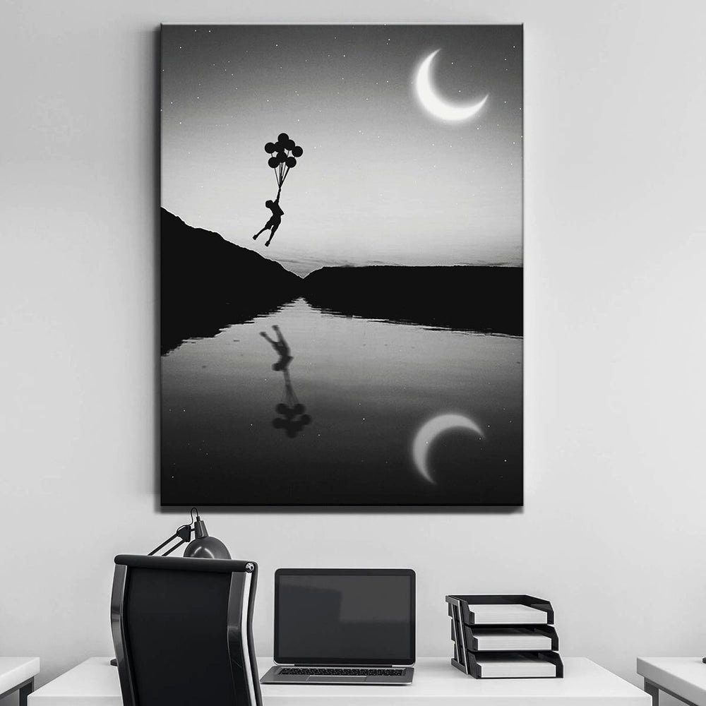 DOTCOMCANVAS® Leinwandbild Ballon Kid, Wandbild Kind Junge schwarzer schwarz wei Fluss Ballon fliegen Natur grau Mond Rahmen