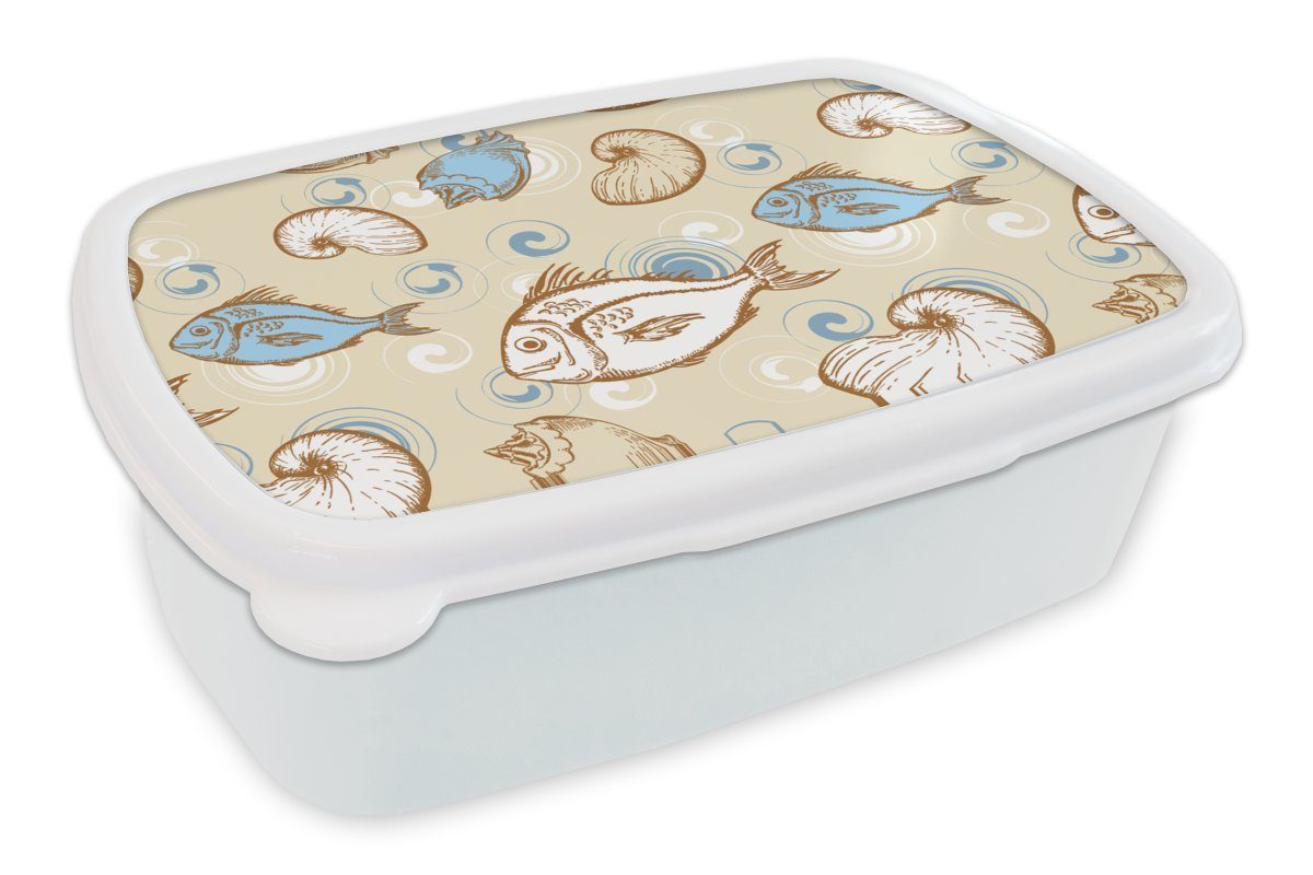 MuchoWow Lunchbox Fisch - Muscheln - Pastell - Design - Vintage, Kunststoff, (2-tlg), Brotbox für Kinder und Erwachsene, Brotdose, für Jungs und Mädchen weiß | Lunchboxen