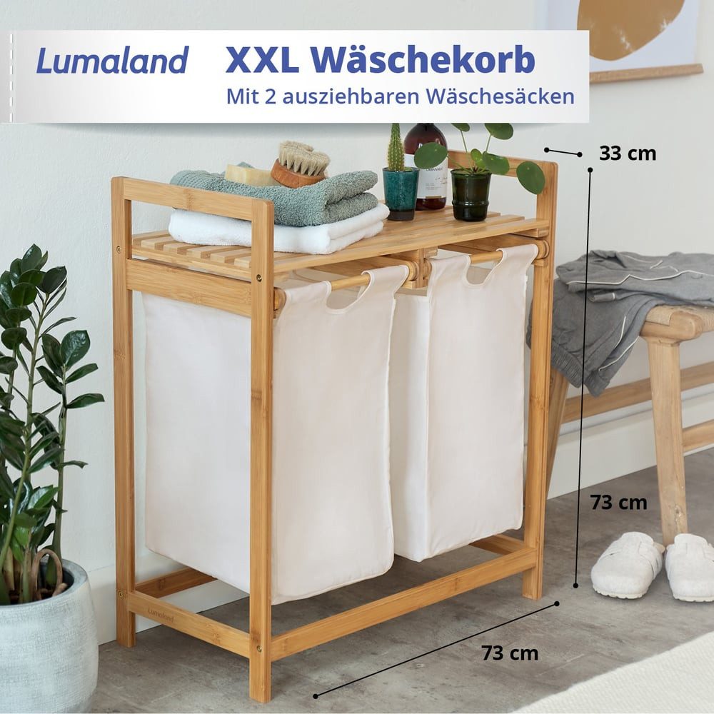 Lumaland Ausziehwäschekorb Bambus mit 2 ausziehbaren Wäschesäcken 73x64x33c günstig online kaufen