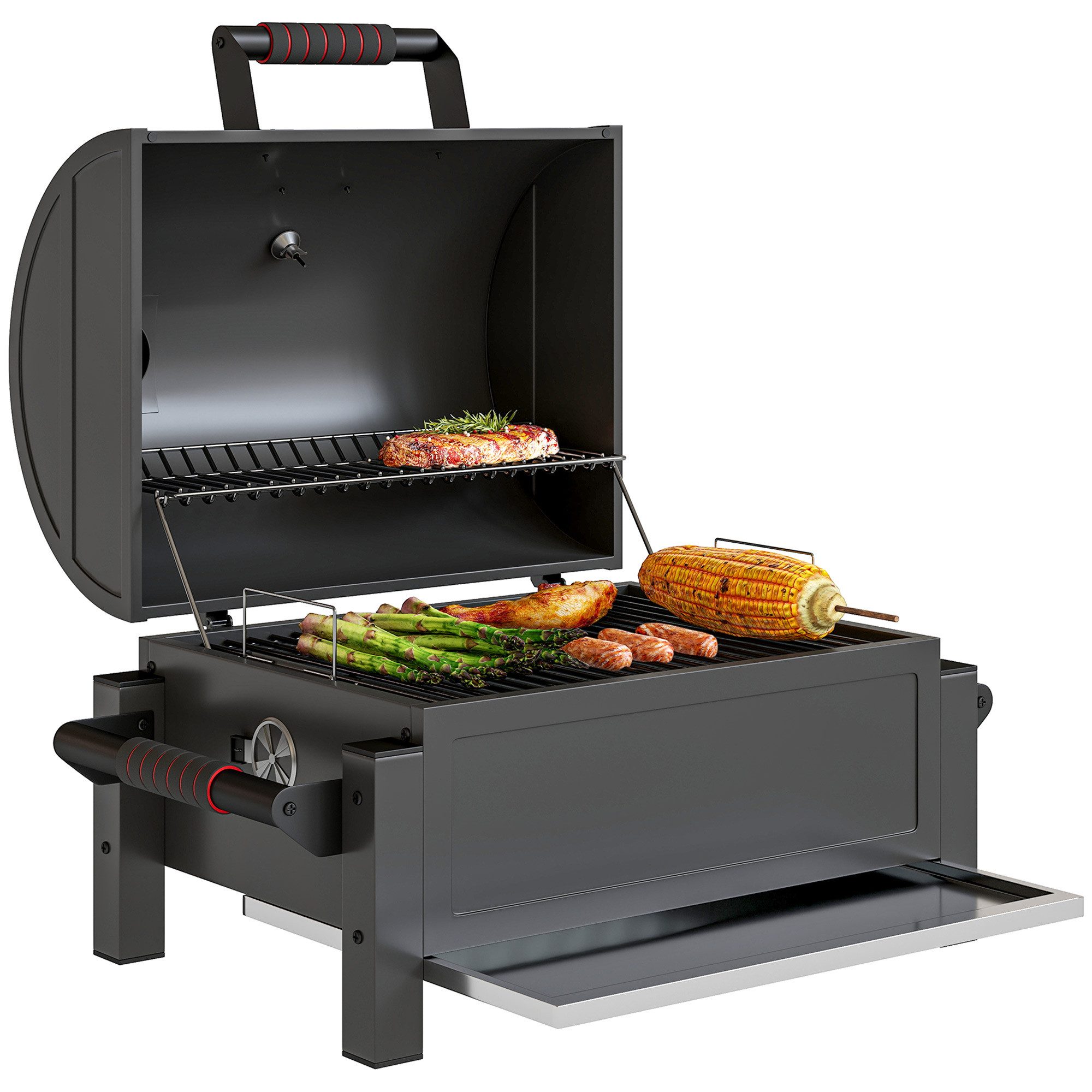 Outsunny Holzkohlegrill Campinggrill mit Grillrost, Kohleschale, Thermometer, Tischholzgrill, Tischgrill, für Picknick, Garten, Schwarz, 67 x 53 x 55 cm
