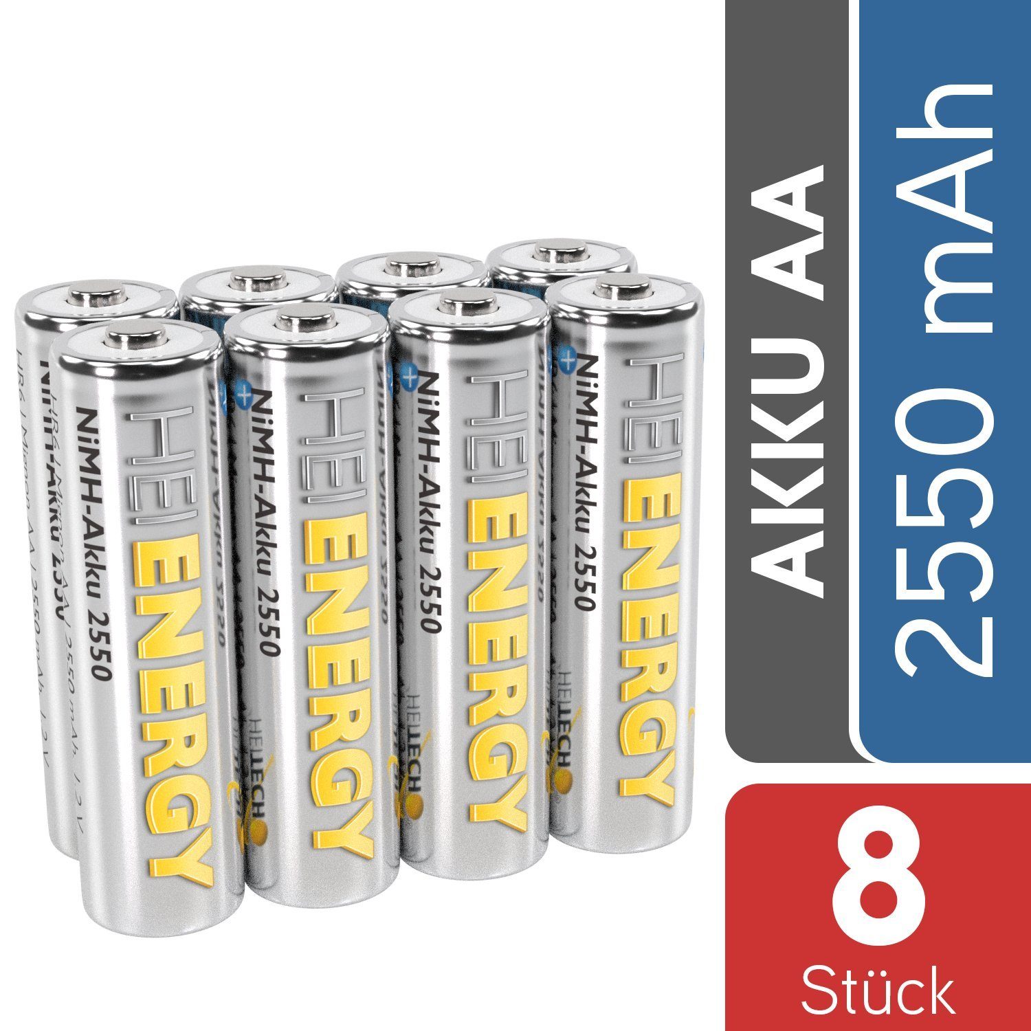 NiMH, Batterien Akku AA Mignon Akku Wiederaufladbare mAh 2550 1,2V HEITECH Akkus 8x