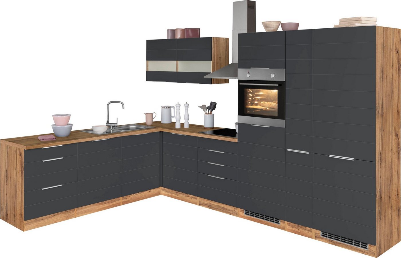 HELD MÖBEL Küche Luhe, Stellbreite 240×330 cm, wahlweise mit oder ohne E-Geräten, MDF-Fronten grau