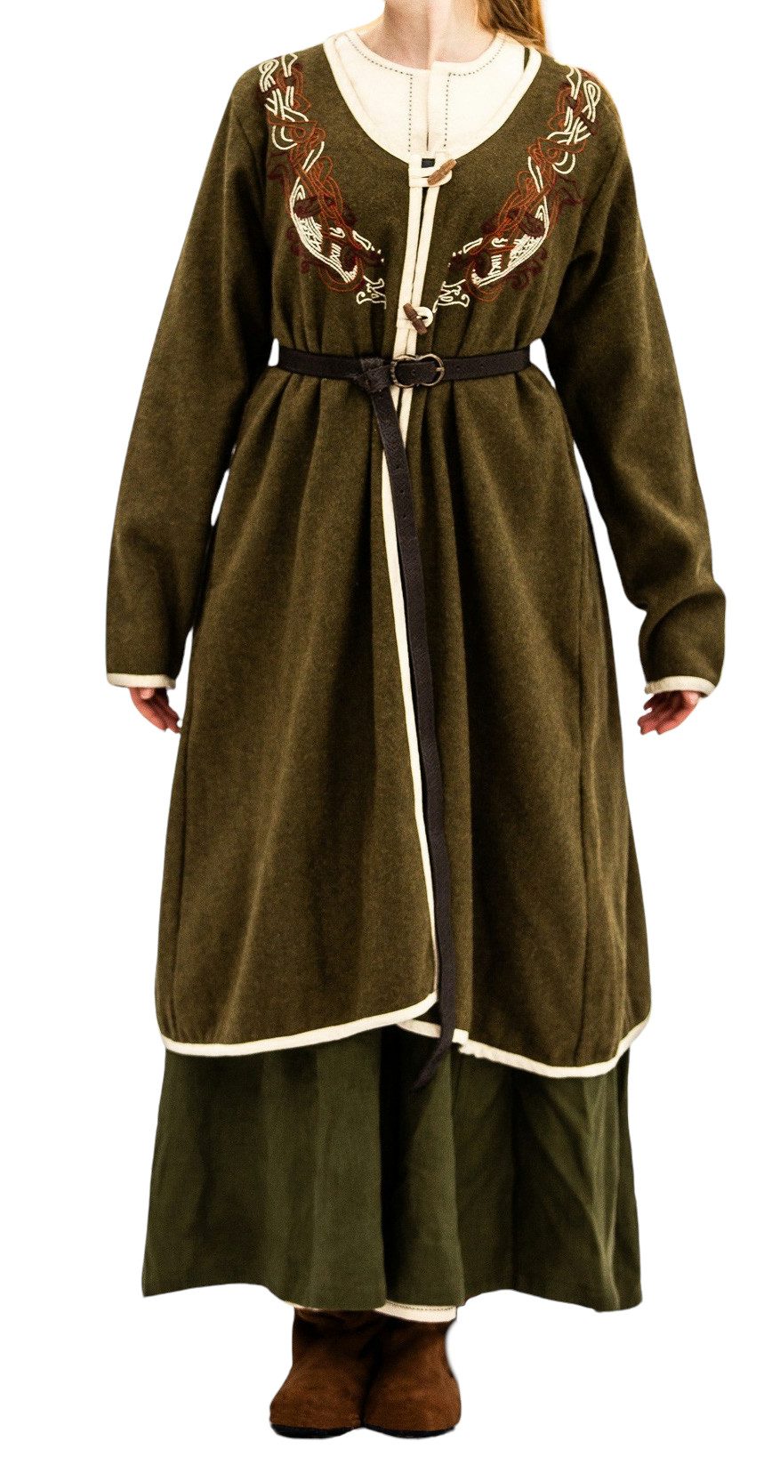 Leonardo Carbone Wikinger-Kostüm Mantel "Skadi" mit Urnes-Stil Stickerei, Holzknebelverschluss, Wollmaterial