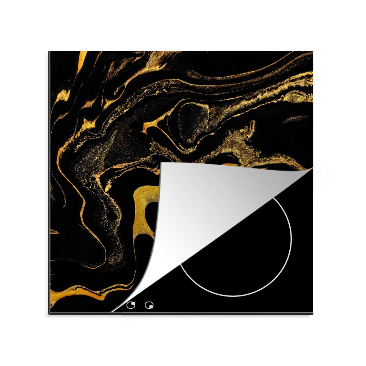 MuchoWow Herdblende-/Abdeckplatte Muster - Gold - Schwarz, Vinyl, (1 tlg), 78x78 cm, Ceranfeldabdeckung, Arbeitsplatte für küche