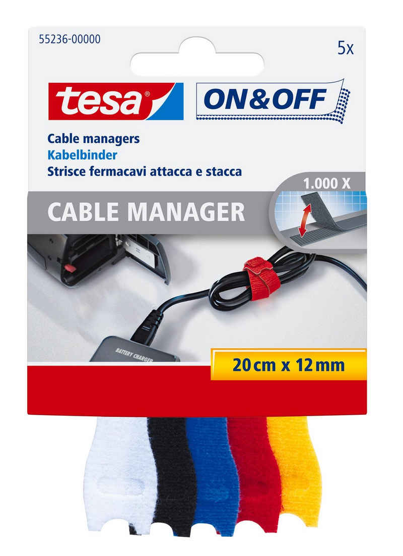 tesa Klett-Klebeband tesa ON & OFF Klett Kabelbinder, Rolle 5 m x 10mm (Packung, 5-St) selbstklebende Klett Kabelbinder - schwarz - 20cm : 12 mm