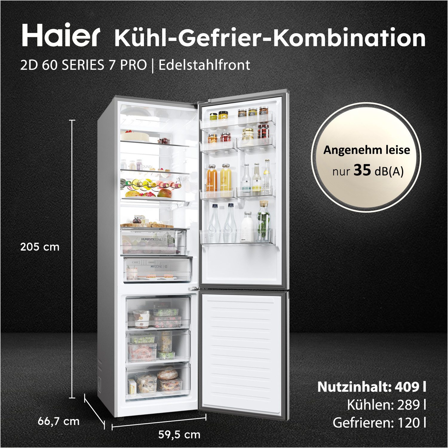 Haier Kühl-/Gefrierkombination Combi 2D 60 HDPW7620ANPK, 205 cm hoch, 59,5 cm breit, Daylight: LED-Lichtsäule für optimale Sicht