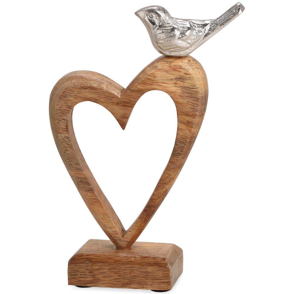 Dekofigur Vogel Herz Dekofigur Holz Metall Liebe Skulptur silber braun 22 cm