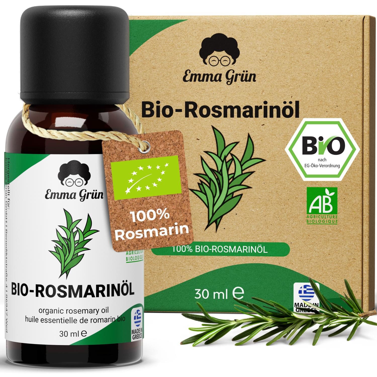 Emma Grün Duftöl Bio Rosmarin 30 ml, ätherisch, naturrein & hochdosiert (Set, Je nach Auswahl: 1x, 2x oder 5x Bio Rosmarinöl 30 ml), Höchste Bio-Zertifizierung als Lebensmittel, naturrein & ohne Zusätze