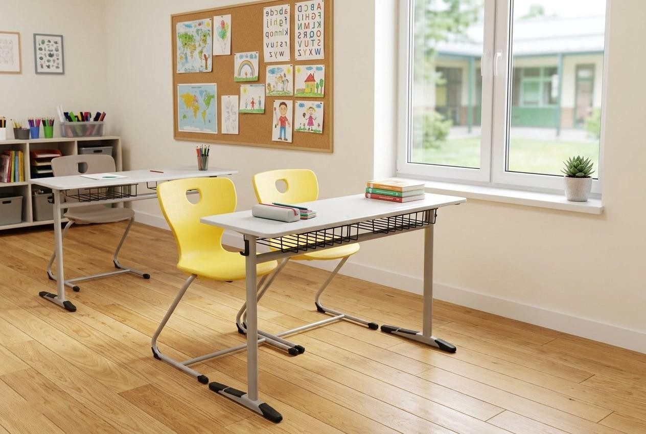 Xlmoebel Schreibtisch Ergonomisches Schulset in Grau mit gelbem Doppelsitzstuhl (Schulset, 3-St., Schulset Grau mit Gelb), Made in Europa