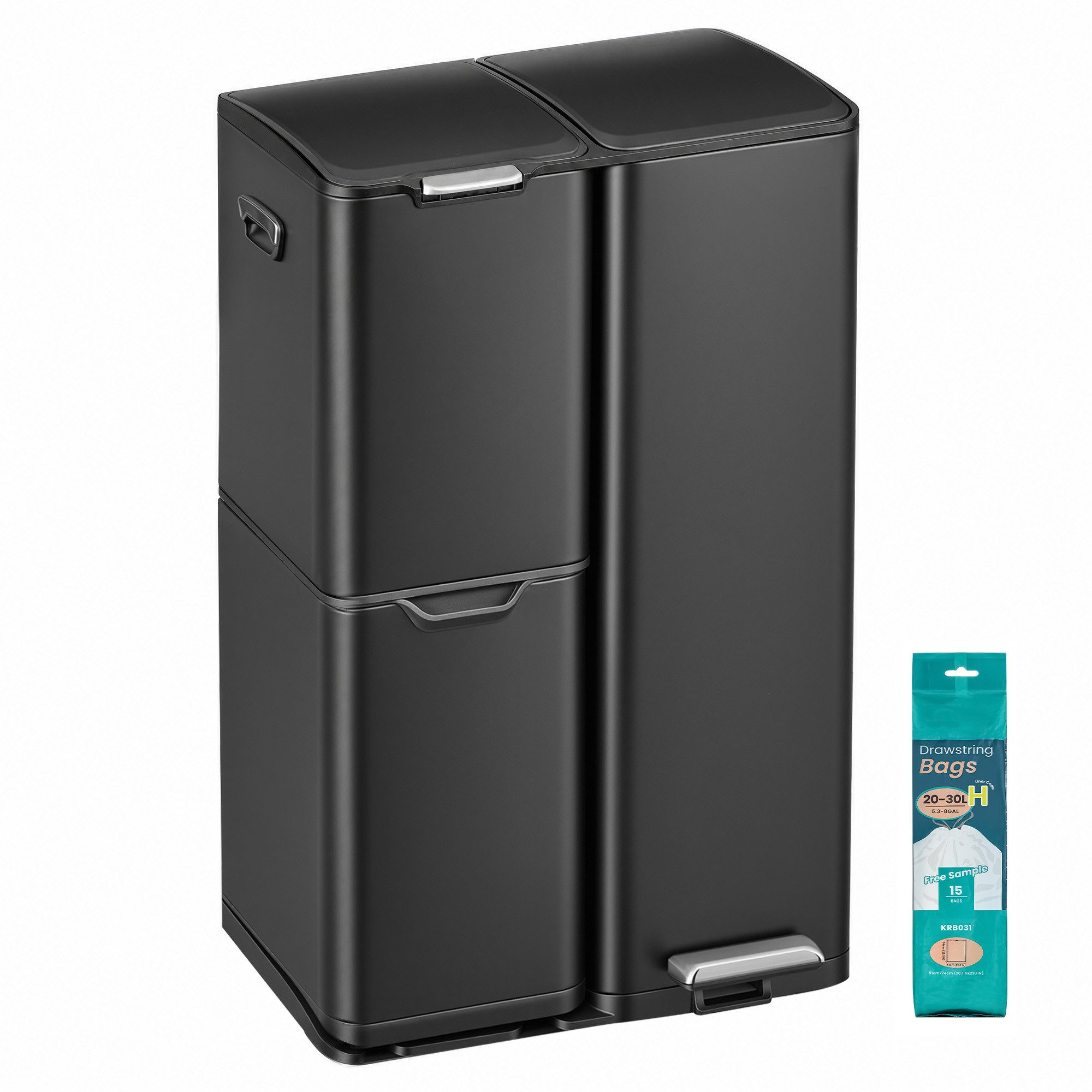 SONGMICS Mülleimer Mülltrennsystem Küche, 60 L Tretmülleimer mit 3 Fächern 46,7 x 39 x 71,9 cm