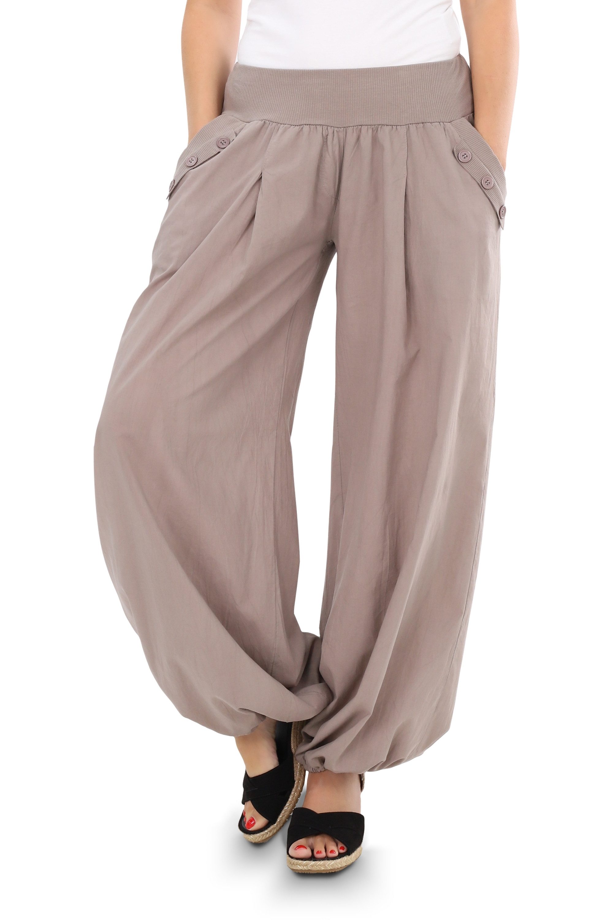malito more than fashion Haremshose malito Damen Pumphose mit Zierknöpfen 23245P Sommer Aladinhose Freizeithose locker & lässig Einheitsgröße
