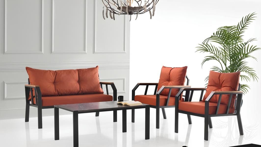 JVmoebel Gartenlounge-Set Gartenmöbel Sitzgruppe Sitzer Orange Couchtisch 3tlg Sofa, 2x Sessel, (3-tlg., Set 3tlg (Sofa + 2x Sessel), Made in Europa